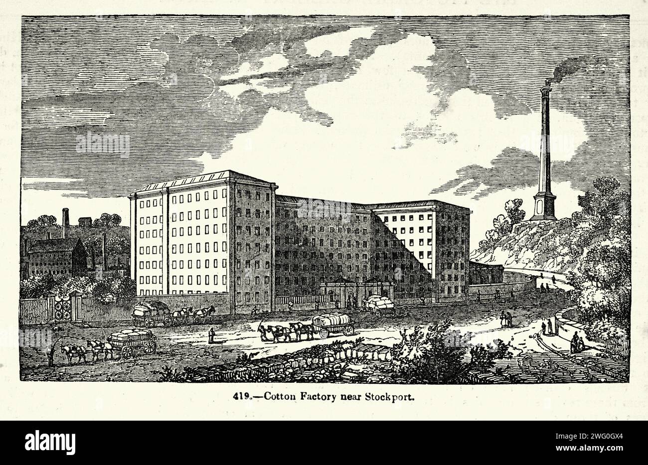 Vintage Illustration, Baumwollfabrik in der Nähe von Stockport, Industriestadt im Großraum Manchester, Geschichte der Textilindustrie, industrielle Revolution, viktorianisches 19. Jahrhundert, 1850er Jahre Stockfoto