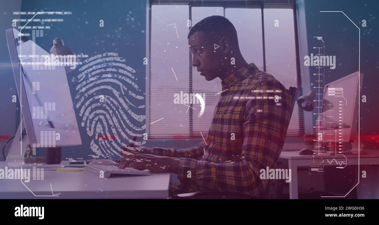 Bild der biometrischen Fingerabdruckdatenverarbeitung über afroamerikanischen Geschäftsmann im Büro Stockfoto