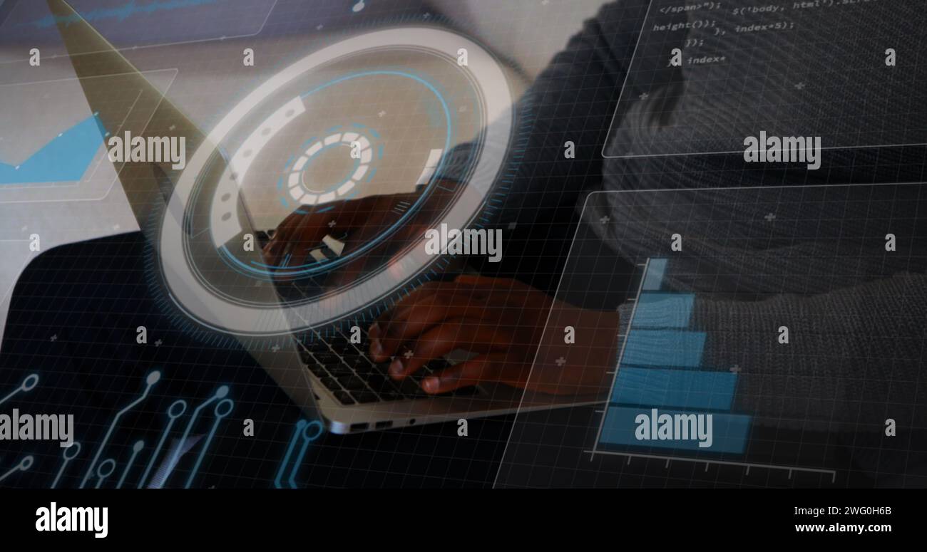 Bild des Scope-Scans und der Datenverarbeitung über afroamerikanischem Geschäftsmann mit Laptop Stockfoto