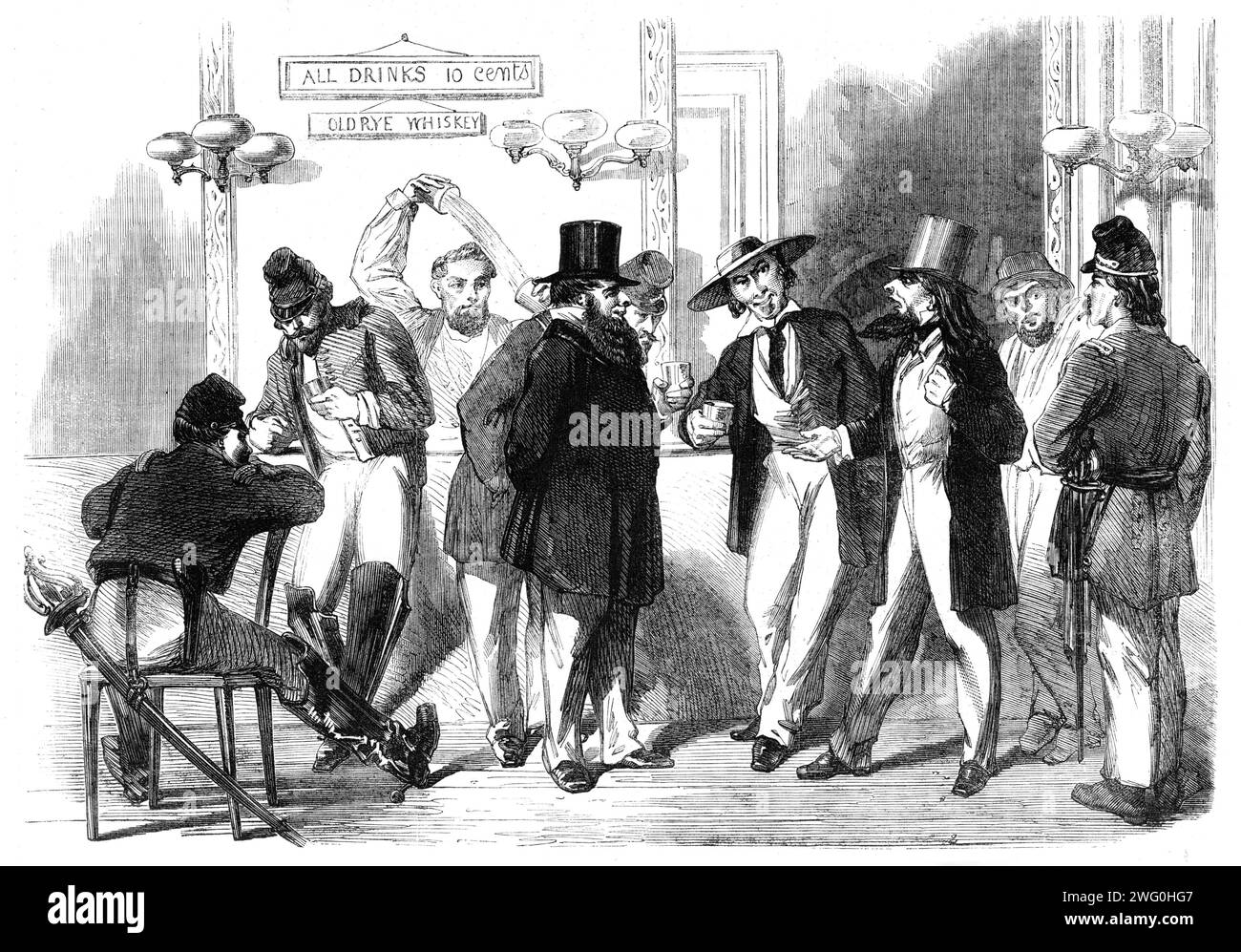 Der Fall Slidell und Mason wurde in der American Bar argumentiert - nach einem Entwurf unseres Künstlers, 1862. "Als der erste Geheimdienst hier ankam, als Slidell und Mason gefangen genommen wurden, mit ihren Sekretärinnen, war die öffentliche Aufregung größer als alles, was ich während meiner Erfahrung mit der Kampagne erlebt habe. Die Streitigkeiten in der American Bar (Zimmer) verliefen schnell und wütend; die vor- und Nachteile (wenige von letzteren) wurden von einem Stumpfredner zum anderen verdrängt und die meisten Diskussionen endeten in irgendeiner Menge von Schlägen (Brandy-Smashes, ich meine), während zahlreiche Häute (Whisky-Häute) grob behandelt wurden Stockfoto