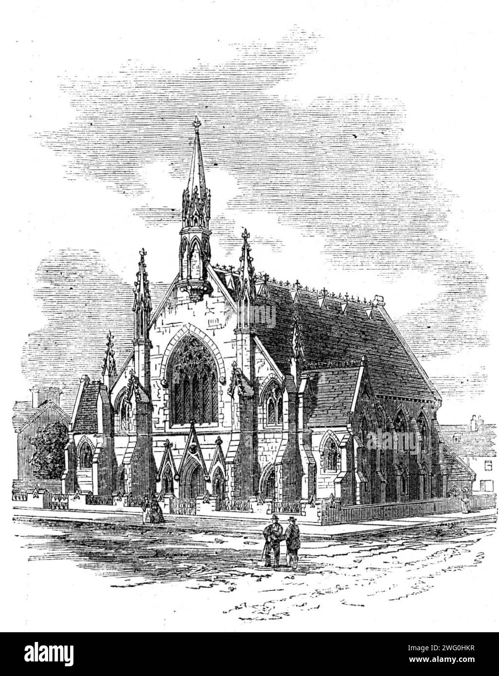 New Wesleyan Chapel, Beverley-Road, Hull, 1862. Die Kapelle hat eine Fassade zur Beverley-Straße von 112 m und steht 45 m zurück. Von der Straße, so dass es einen geräumigen Vorplatz mit markierten Fußwegen zu den Eingängen gibt. Der Stil des Gebäudes ist gotisch dekoriert; alle Außenwände sind mit den besten Wallingfener weißen Ziegelsteinen überzogen, und das ornamentale Mauerwerk und andere Verbände sind im Allgemeinen aus Brodsworth-Stein. Die Höhe der Beverley-Road ist durch Pfeiler in drei Räume unterteilt, die jeweils einen bogenförmigen Eingang mit Säulen aus rotem Mansfield-Stein und verziertem c haben Stockfoto