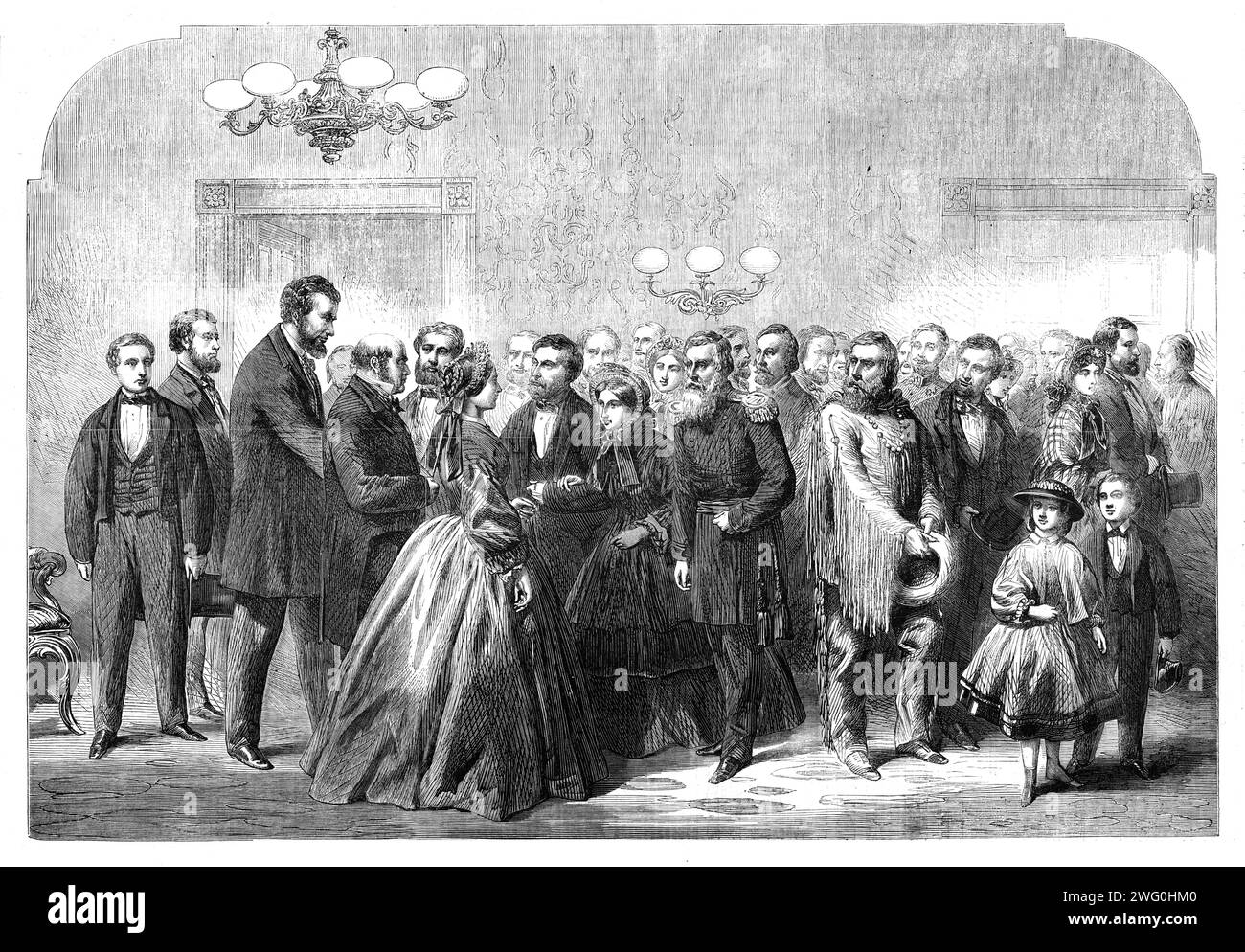 Neujahrsempfang im Weißen Haus, Washington - nach einer Skizze unseres besonderen Künstlers, 1862. „Der Neujahrstag wird von den Amerikanern im Allgemeinen mit großer Begeisterung gefeiert. Der Brauch, der von den Damen einer Familie verlangt, für alle Herren, die sich für einen Anruf entscheiden, offen zu halten, wuchs in New York auf, die Stadt soll es aus Amsterdam importiert haben, die Mutter city...from private Kreise es verbreitete sich bald in veränderter Form in das öffentliche Leben. In den Vereinigten Staaten wird die Theorie, dass Männer in offizieller Position die Diener des Volkes sind, streng angewandt. Daher wurde es zur Mode für t Stockfoto