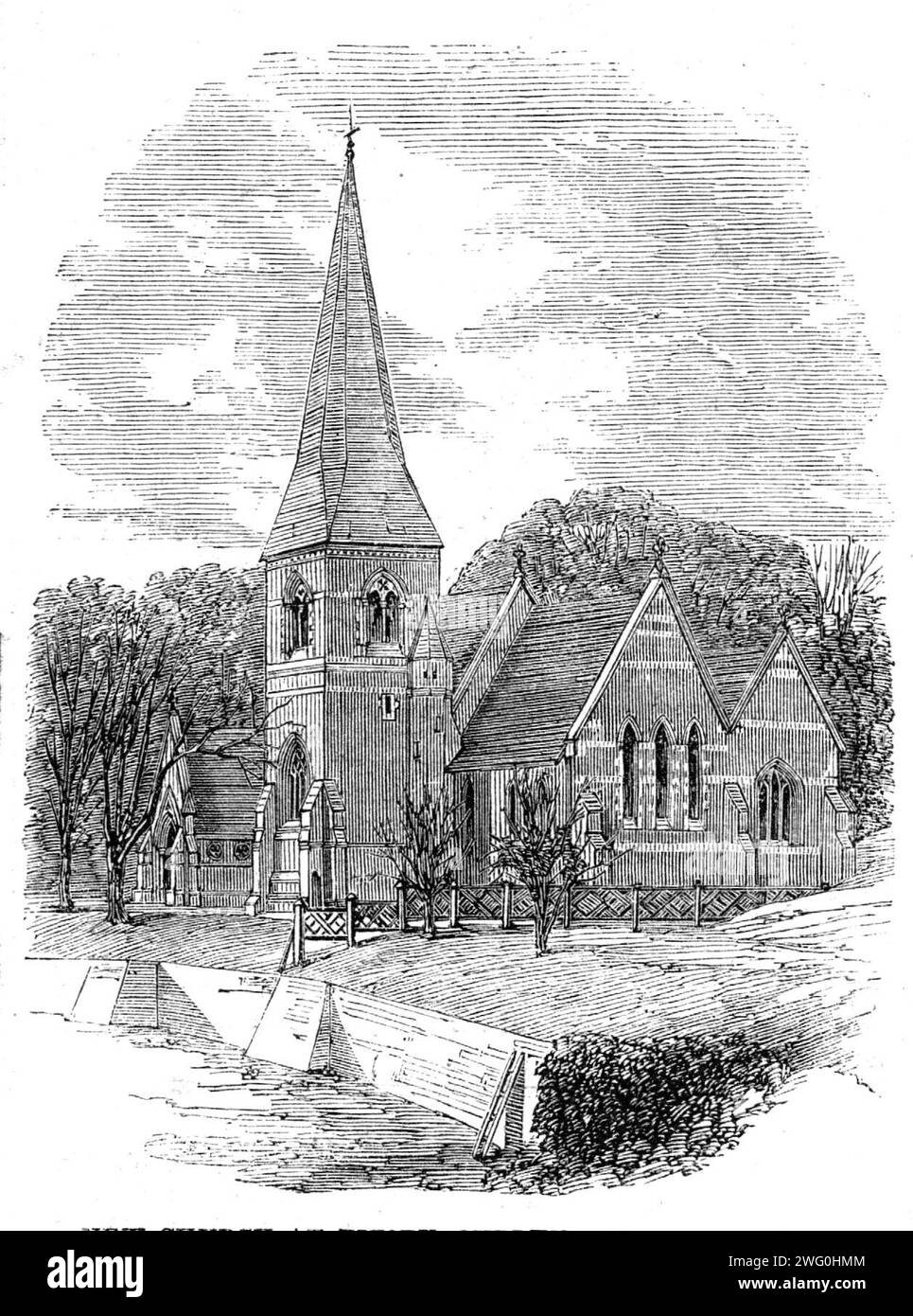 Neue Kirche in Titsey, Surrey, 1862. Die wunderschöne Kirche, die kürzlich in Titsey, Surrey, von Granville Leveson Gower, Esq, im Titsey Park errichtet wurde, wurde an der Stelle der alten Kirche gebaut, und aufgrund der Höhe des Turms und der Turmspitze (96 m) wird sie als Objekt von großer Schönheit aus dem ganzen umliegenden Land angesehen... die Kirche, deren Stil frühenglisch ist, umfasst das Kirchenschiff, den Chor, die seitliche Leichenkapelle und das Vlies, zusammen mit einem hübschen Turm, ca. 45 m. Hoch, überragt von einem Turm von etwa gleicher Höhe...die Wände sind aus Badstein; das Dach aus feinem, offenem Holz...Immedia Stockfoto