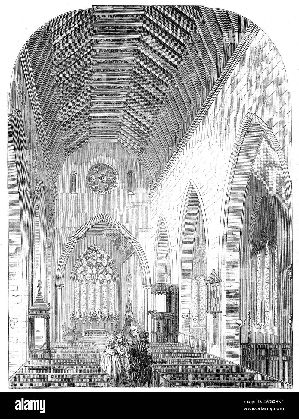 St. Mary's Collegiate and Parish Church, Youghal, Irland, 1862. Diese Kirche wurde kürzlich restauriert durch die beharrlichen Bemühungen von Pastor Pierce William Drew, B.A., Rektor von Youghal... und schön in Irland, errichtet im 13. Jahrhundert... wurde es von Thomas FitzGerald, Earl of Desmond, in der zweiten Hälfte des 15. Jahrhunderts wiedererbaulich. Es ist perfekt kreuzförmig und im frühen spitzen Stil der Architektur, bestehend aus einem Chor, zwei Querschiffen, einem Schiff und Gängen, mit einem hohen Turm der normannischen Stiftung. Der Chor, der Stockfoto