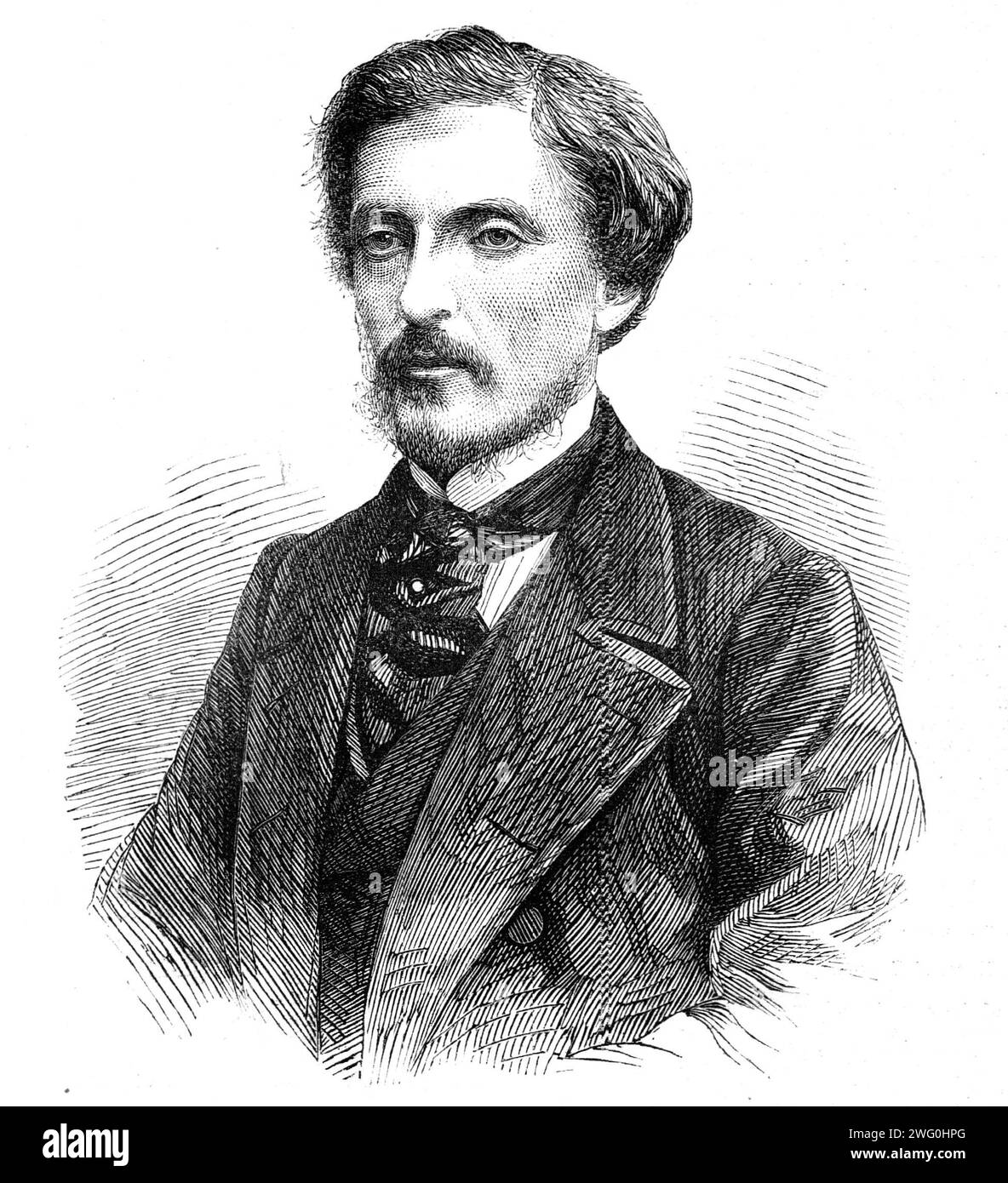 Movers and Seconders of the Ansprache in beiden Kammern des Parlaments als Antwort auf die Rede der Königin: Lord Dufferin, 1862. Gravur aus einem Foto von John und Charles Watkins aus der Parliament-Street. Frederick Temple Blackwood, vierter Baron Dufferin, in der Peerage von Irland, und Baron Clandeboye, in der Peerage des Vereinigten Königreichs, mit dem er seinen Sitz im House of Lords innehat, ist der einzige Sohn des dritten Barons, von der ältesten Tochter des verstorbenen Thomas Sheridan, Esq., Enkelin des berühmten Richard Brinsley Sheridan... Er vollendete seine Ausbildung an der Christ Church, Ox Stockfoto