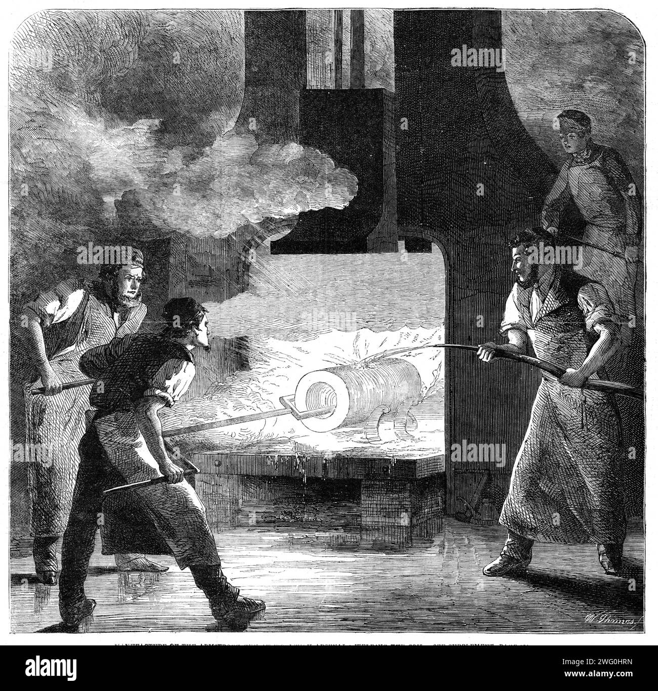 Herstellung der Armstrong-Pistole bei Woolwich Arsenal: Welding the Coil, 1862. Ein Armstrong Gun war ein einzigartig konstruierter Typ von gezogenen Breech-Loading-Feld und schweren Geschützen, die von Sir William Armstrong entworfen und ab 1855 von der Elswick Ordnance Company und dem Royal Arsenal in Woolwich im Südosten Londons in England hergestellt wurden. Bei solchen Geschützen handelte es sich um ein gebautes Geschützsystem aus einem geschmiedeten (später aus Weichstahl) Rohr, das von einer Reihe schmiedeeiserner Verstärkungsspiralen umgeben war, die über dem inneren Rohr geschrumpft waren, um es unter Druck zu halten. Aus Illustrated London News, 1862. Stockfoto