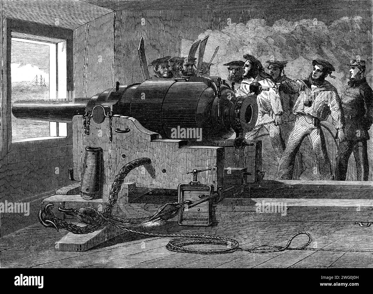 Herstellung der Armstrong-Kanone bei Woolwich Arsenal: Marineübung mit einem 100-Pfünder, 1862. Britische Seeleute feuern eine Kanone ab. Aus Illustrated London News, 1862. Stockfoto