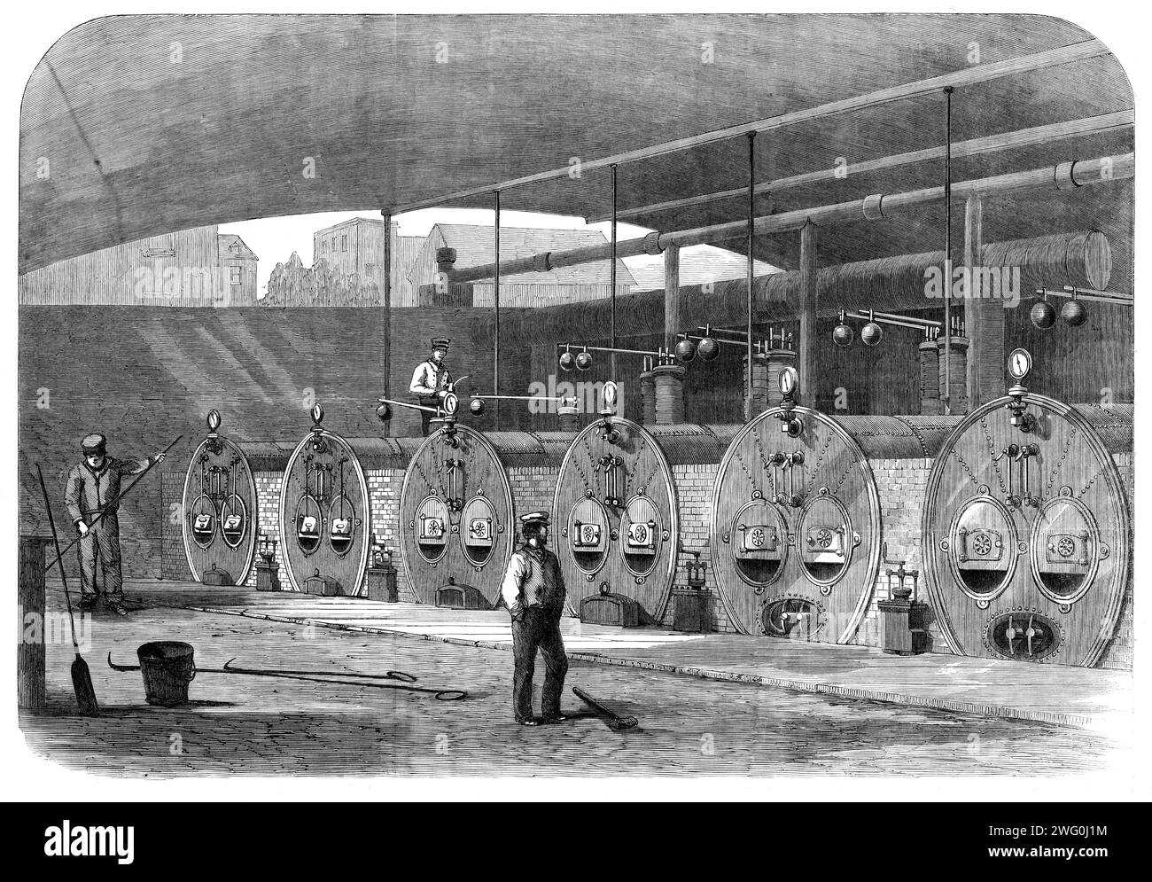 The International Exhibition: Reihe von Kesseln für die Dampfversorgung von Maschinen im westlichen Anbau, 1862. '...jeder Kessel ist 1,6 m groß. 6 Zoll Im Durchmesser und 35 Fuß. Sie sind kreisförmig, mit Doppelschächten, die durch sie laufen...[Sie] wurden von den Herren Hicks und Son gebaut und eingerichtet... zwei von ihnen sind mit Clarks Patentapparat ausgestattet, um die Öfen mit Luft und Dampf zu versorgen, eine Anordnung, die für sehr vorteilhaft gehalten wird. Sie werden mit allen notwendigen Armaturen wie Dampfdruckanzeige, Manometern, &amp;c. sowie patentierten Sicherheitsventilen von Bodmer geliefert. Runn Stockfoto