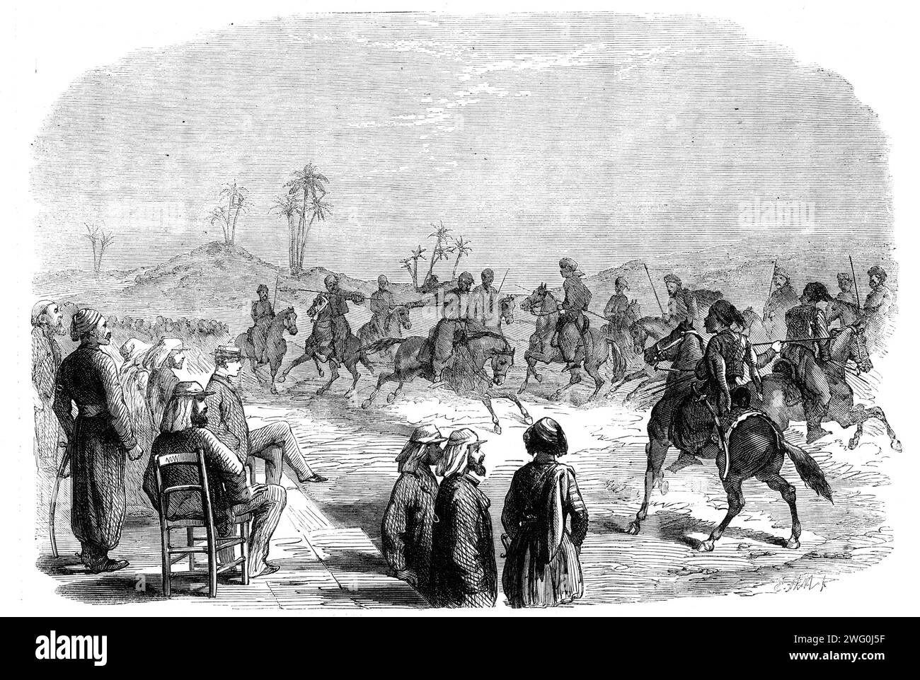 Der Prinz von Wales in Ägypten: Jereed-Übung von Arnouts und arabischen Häuptlingen vor seiner Königlichen Hoheit A the Governor's Palace, Assiout, 1862. Der zukünftige König Eduard VII. In Afrika. "Der Prinz hielt bei seiner Rückkehr aus Oberägypten in Assiout an und sah die Jereed-Übung einiger Arnouts und arabischer Häuptlinge... die Häuptlinge zeigten große Fähigkeiten beim Werfen des Jereed (ein leichter Speer), und führten viele Meisterleistungen der Geschicklichkeit durch, während ihre Pferde im vollen Galopp waren, manchmal in einer Bewegung wie ein wilder Tanz miteinander stürzten und alle Operationen der mimischen Wa durchmachten Stockfoto Der Prinz von Wales in Ägypten: Jereed-Übung von Arnouts und arabischen Häuptlingen vor seiner Königlichen Hoheit A the Governor's Palace, Assiout, 1862. Der zukünftige König Eduard VII. In Afrika. "Der Prinz hielt bei seiner Rückkehr aus Oberägypten in Assiout an und sah die Jereed-Übung einiger Arnouts und arabischer Häuptlinge... die Häuptlinge zeigten große Fähigkeiten beim Werfen des Jereed (ein leichter Speer), und führten viele Meisterleistungen der Geschicklichkeit durch, während ihre Pferde im vollen Galopp waren, manchmal in einer Bewegung wie ein wilder Tanz miteinander stürzten und alle Operationen der mimischen Wa durchmachten Stockfoto