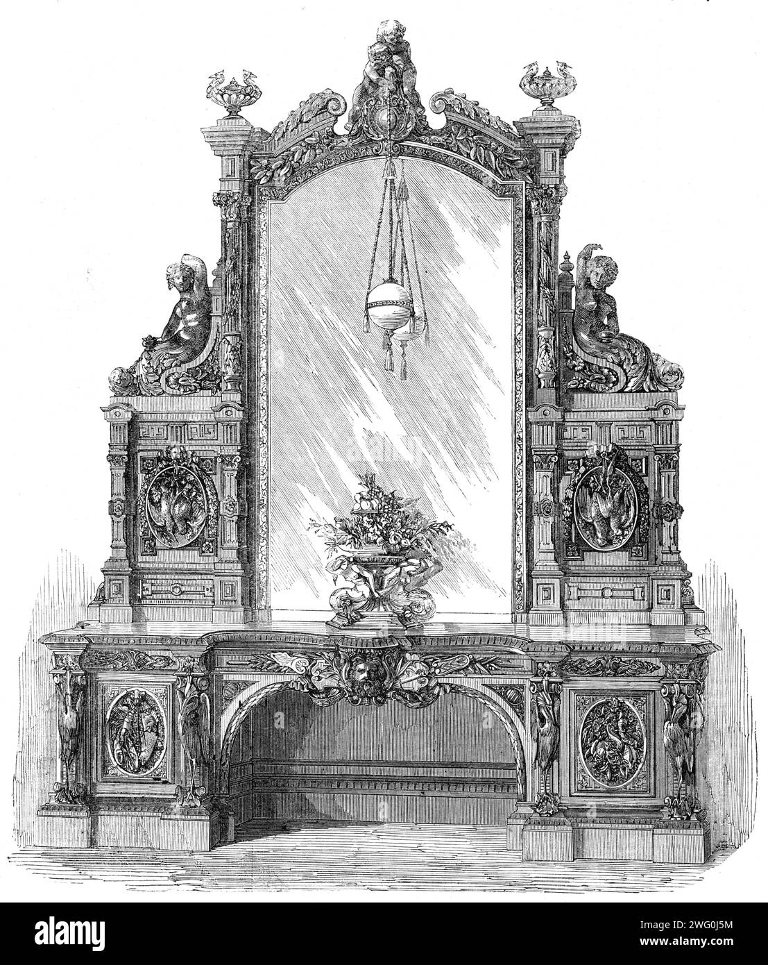 The International Exhibition: Sideboard von Gillow, 1862. „Dieses Sideboard aus Nussbaum ist bemerkenswert für... die feine und doch meisterhafte Verarbeitung, die bei der Ausführung der Details zum Ausdruck kommt. Der Entwurf entstand in der Gründung von Messrs. Gillow, Oxford-Street, einem Haus, das lange als eines der ersten in Sachen Geschmack unter Tischlern und Polsterern bekannt war und als eines der ältesten etablierten Firmen im Königreich gilt. Dieses wunderschöne Möbelstück... ist ca. 12 Meter groß. In der Höhe und im Stil der Renaissance...it ist gleichzeitig so raffiniert mit Objekten verziert Stockfoto