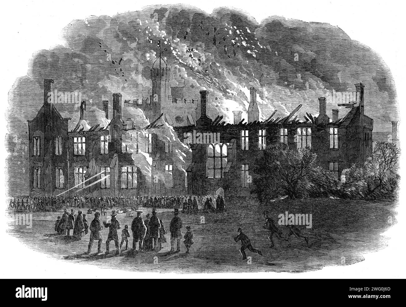 Zerstörung des westlichen Flügels des Queen's College in Cork durch Feuer am Donnerstag, Woche 1862. "Feuerwehrfahrzeuge waren bald vor Ort, aber das Feuer wütete so wütend, dass es keine Hoffnung gab, den Flügel zu retten, und alles, was getan werden konnte, war, die Flammen zu verhindern, die mit den anderen Teilen des Gebäudes in Verbindung gebracht wurden, was glücklicherweise geschehen war. Dieser Flügel ist ein großes Gebäude aus Stein, ca. 120 Fuß. Lang und 25 Fuß Oder 30 Fuß. Breit, mit einer Reihe von Vortragsräumen, die durch einen Korridor verbunden sind, der sich über die gesamte Länge erstreckt. Unter jeder der Türen der Hörsäle wurden halb verbrauchte Streichhölzer entdeckt, und die Stockfoto