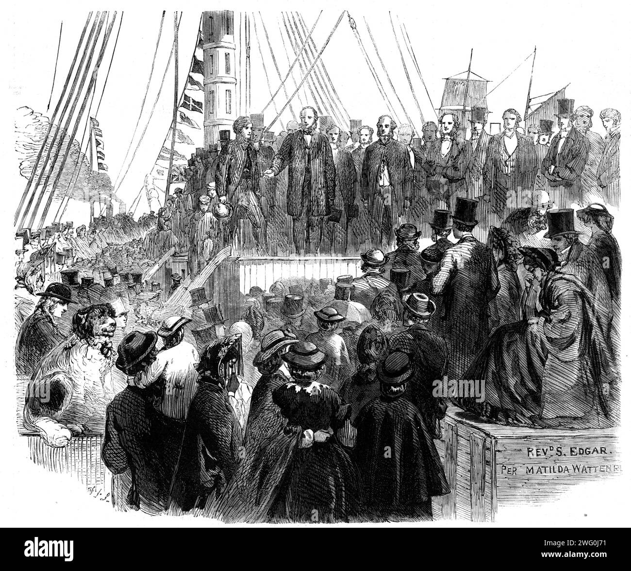 Abreise der NonComfort aus London am Donnerstag in die neue Kolonie Albertland, Neuseeland: Szene an Bord der Matilda Wattenbach auf ihrer Passage über die Themse, 1862. "Indem sie das liberale Angebot der neuseeländischen Regierung nutzen, jedem Emigranten 40 Hektar Land zu gewähren, der seinen Weg zur Kolonie bezahlt W. R. Brame und eine Reihe von Freunden haben eine Emigration in großem Maßstab organisiert... nur solche Personen wurden ausgewählt, die eine bestimmte Menge an Kapital besaßen oder in einem wertvollen mechanischen Anspruch befähigt waren oder in anderen Punkten kalkuliert waren Stockfoto