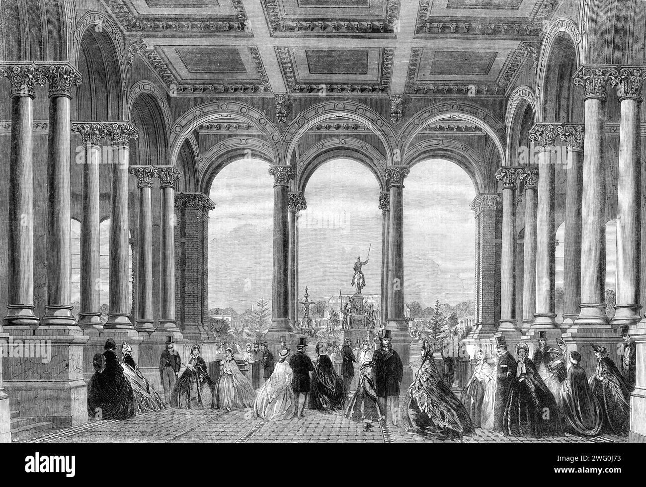 Die Internationale Ausstellung: Eintritt in die Gärten der Gartengesellschaft vom Ausstellungsgebäude, 1862. Die Internationale Ausstellung war eine Weltausstellung, die vom 1. Mai bis 1. November 1862 in South Kensington, London, stattfand. Heute befinden sich hier Museen wie das Naturkundemuseum und das Wissenschaftsmuseum. Aus Illustrated London News, 1862. Stockfoto