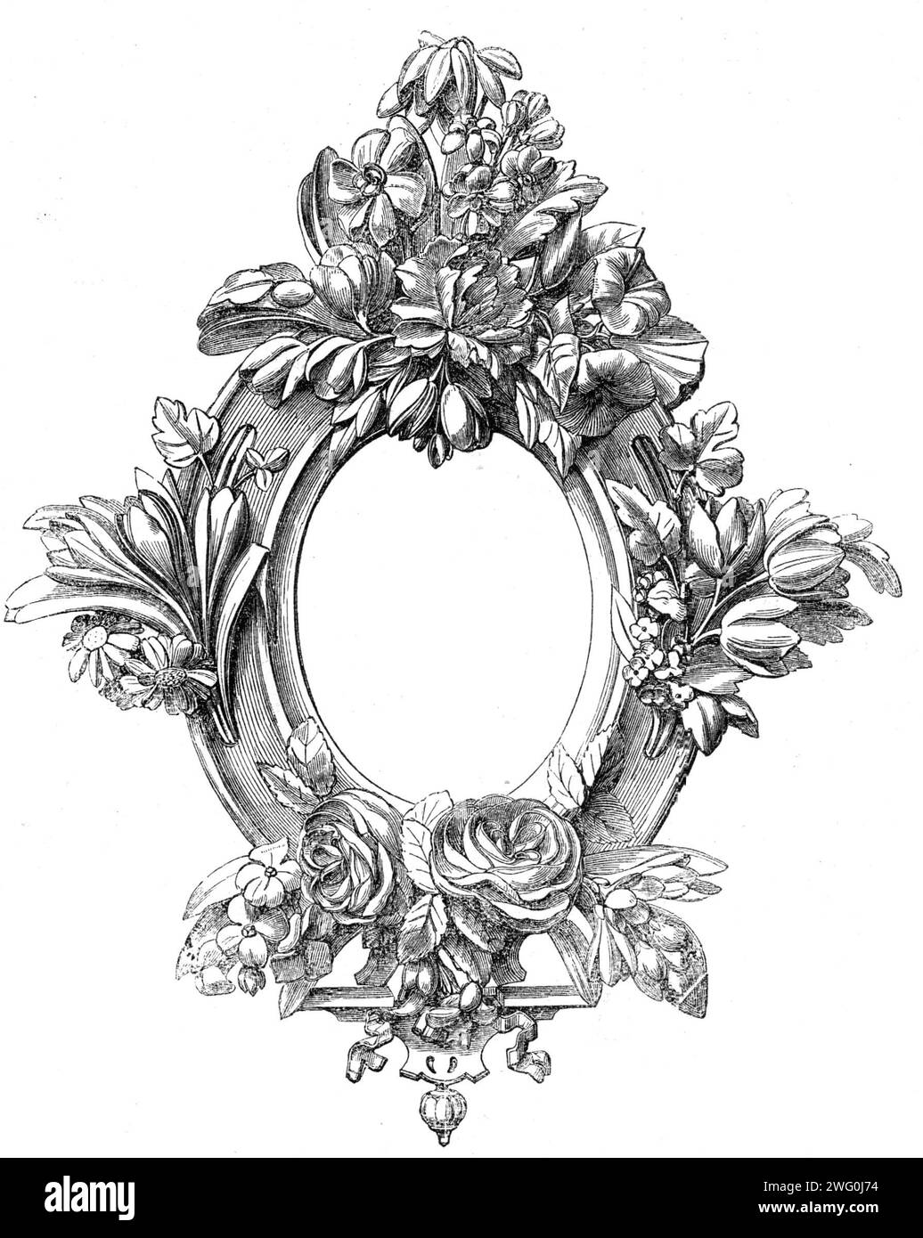 The International Exhibition: Carved Frame, von W. H. Baylis, 1862. "Dieser kleine Rahmen von Mr. W. H. Baylis aus der Judd-Street... erschien uns bemerkenswert, weil er kühn und scharf in Berührung kommt. Es besteht aus Blumen, die in einer tragenden Ellipse geflochten sind. Aus Illustrated London News, 1862. Stockfoto