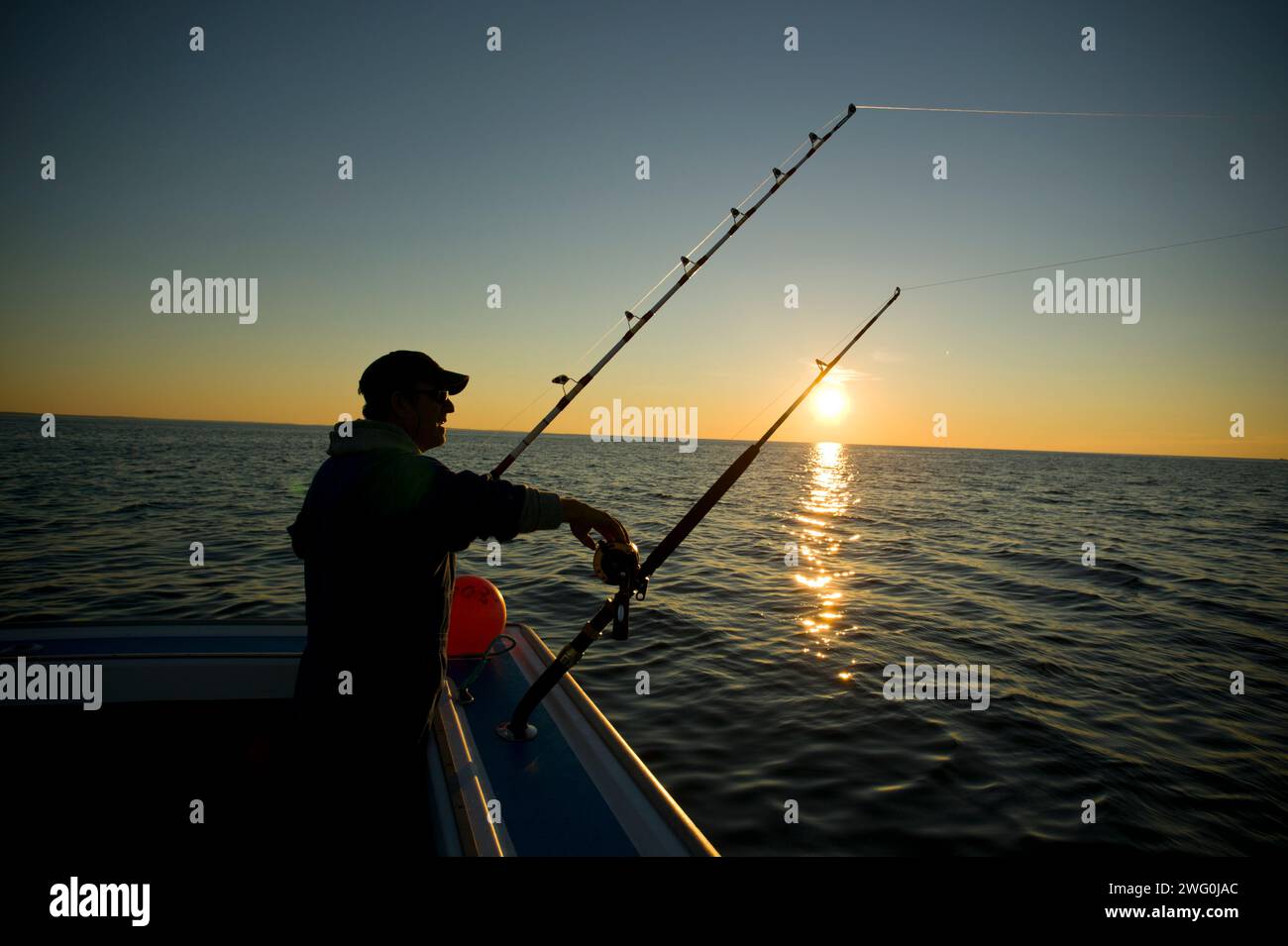 Ein Fischer kontrolliert seine Leinen, während er am Golf von St. Thunfisch fischt Lawrence bei North Rustico, PEI, Kanada. Stockfoto