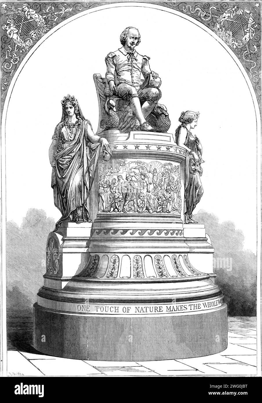 Gips-Denkmal von Shakspeare, nach dem Vorbild des verstorbenen J. E. Thomas, 1862. Es wurde nicht nur als Porträtstatue entworfen, sondern als Nationaldenkmal... der Dichter steht auf einem hohen und massiven Sockel mit Basreliefs, und es gibt... zwei seitliche allegorische Figuren von Komödie und Tragödie... der große Dichter hält einen Stift in der einen Hand und lose Manuskripte in der anderen... großes Lob, der Bildhauer verdankt sich jedoch auch für die gelungene Komposition und die sorgfältige Modellierung der Hauptfiguren, männlich und weiblich, von Shakspeares Theaterstücken in den vergoldeten Basreliefs, die Th schmücken Stockfoto