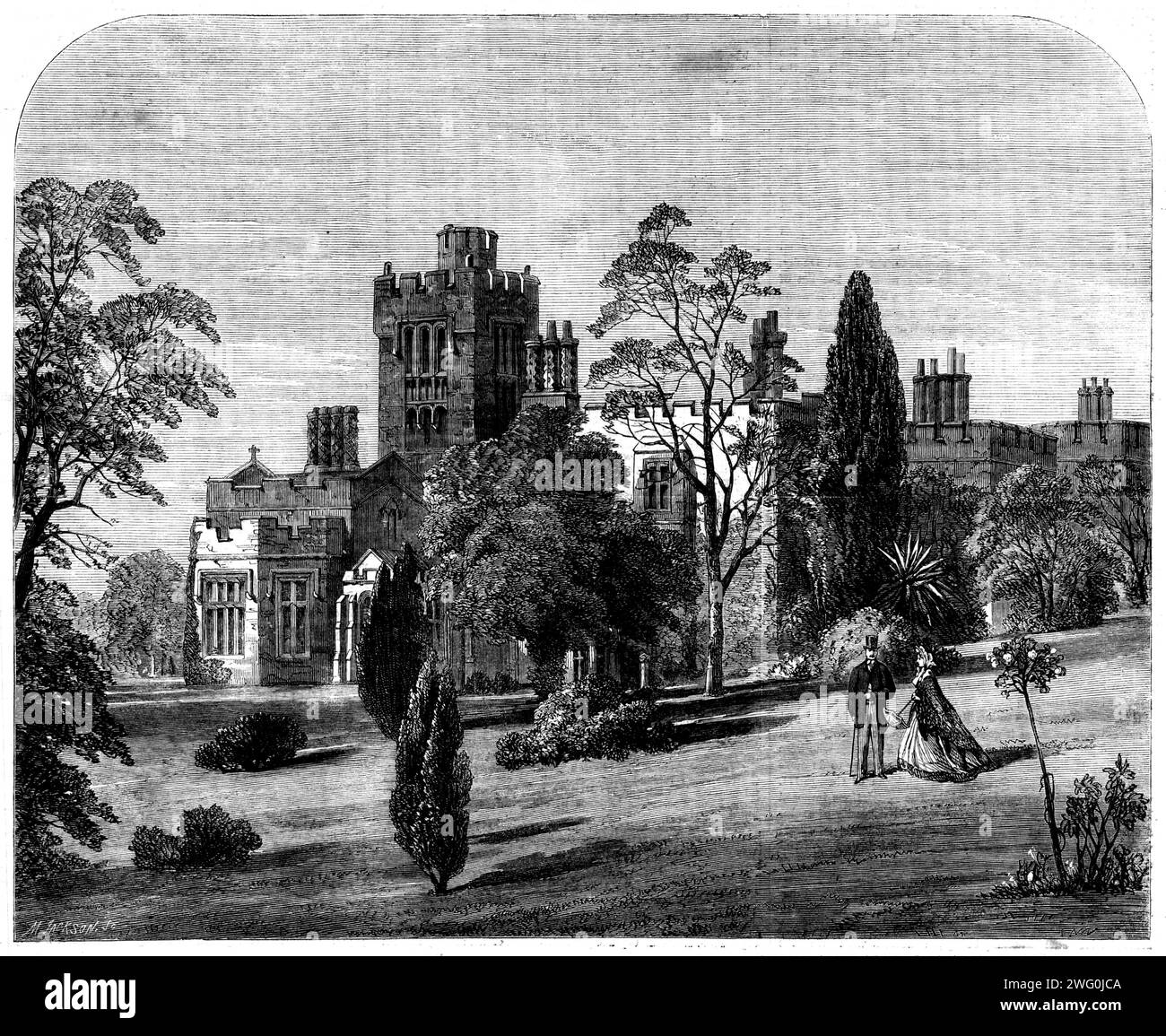 St. Clare, Isle of Wight, 1862. Nach der Hochzeit von Prinzessin Alice mit Prinz Louis von Hessen zog sich die königliche Braut und der Bräutigam nach St. Clare, in Spring Vale, der Residenz von Colonel und Lady Katherine Vernon Harcourt, wurde von der Königin für die Flitterwochen des Prinzen und der Prinzessin ausgewählt. Wegen [seiner] schönen Situation... Der gotische Tudor-Stil dominiert in diesem Herrenhaus, dessen Gelände im modernsten Stil angelegt ist. Ein Blick auf keine gewöhnliche Schönheit vom Turm rundet die Attraktion dieses reizvollen Sitzes ab... der Aufenthalt des Stockfoto