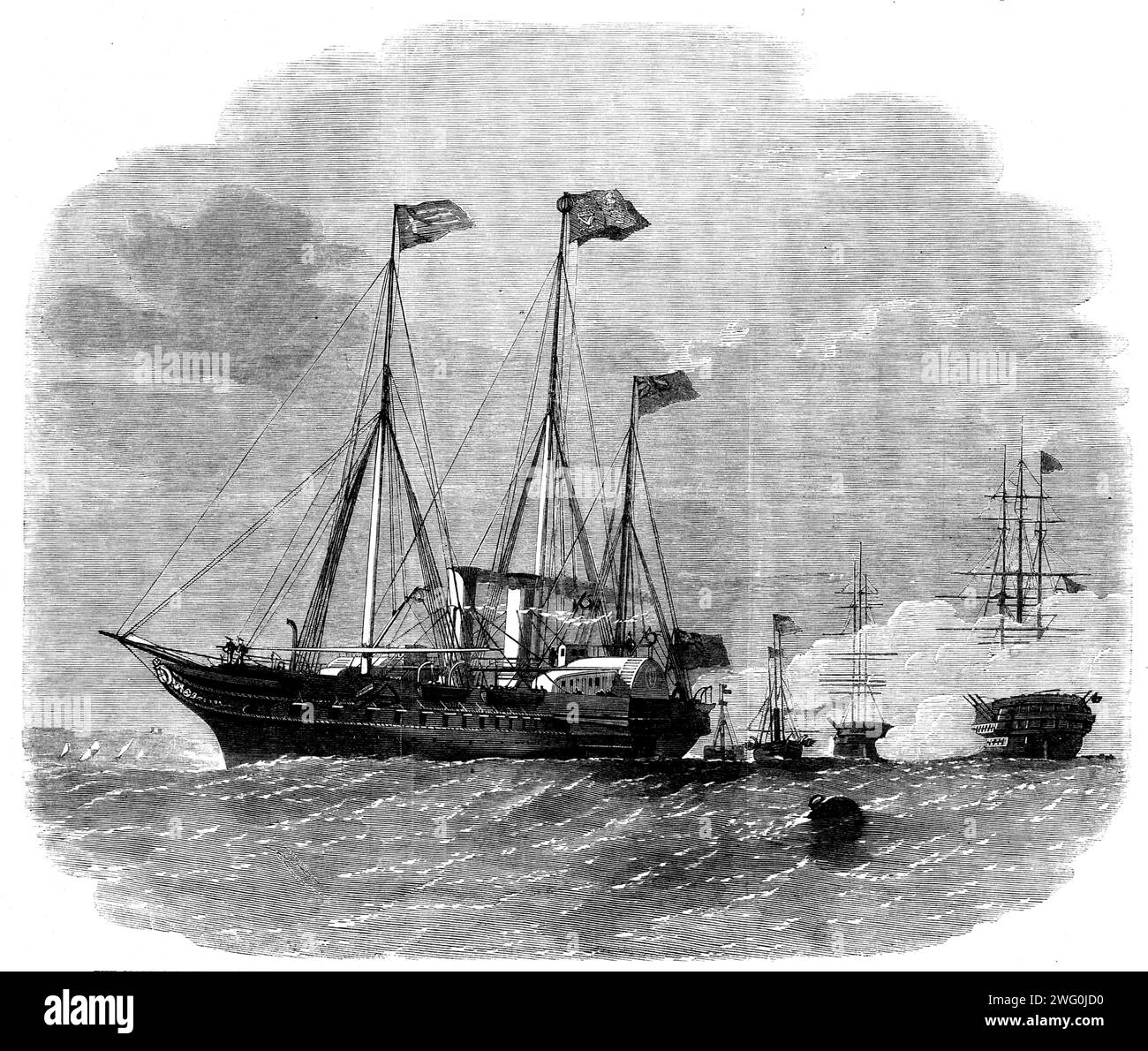 Abreise ihrer Königlichen Hoheiten aus Osborne in Victoria and Albert, 1862. Alice, Tochter von Königin Victoria, heiratete Louis, Großherzog von Hessen in der königlichen Residenz Osborne House auf der Isle of Wight. Aus Illustrated London News, 1862. Stockfoto