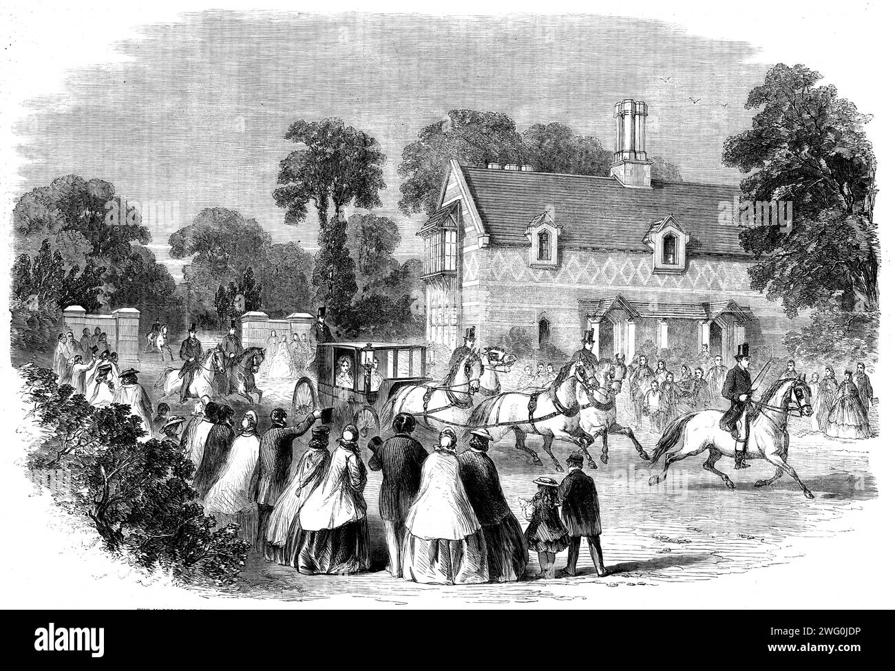 Die Heirat von Prinzessin Alice mit Prinz Ludwig von Hessen-Darmstadt: Abreise ihrer Königlichen Hoheiten aus Osborne nach St. Clare, der Sitz von Colonel Harcourt, 1862. "...die königliche Braut und der Bräutigam zogen sich nach St. zurück Clare, in Spring Vale, der Residenz von Colonel und Lady Katherine Vernon Harcourt... wurde von der Königin für die Flitterwochen des Prinzen und der Prinzessin ausgewählt... aufgrund der schönen Lage... der Aufenthalt ihrer Königlichen Hoheiten war kurz in St. Clare, wie am letzten Freitag kehrten sie nach Osborne zurück. Es heißt, dass der Prinz und die Prinzessin beabsichtigen, in Frogmore, A, zu wohnen Stockfoto