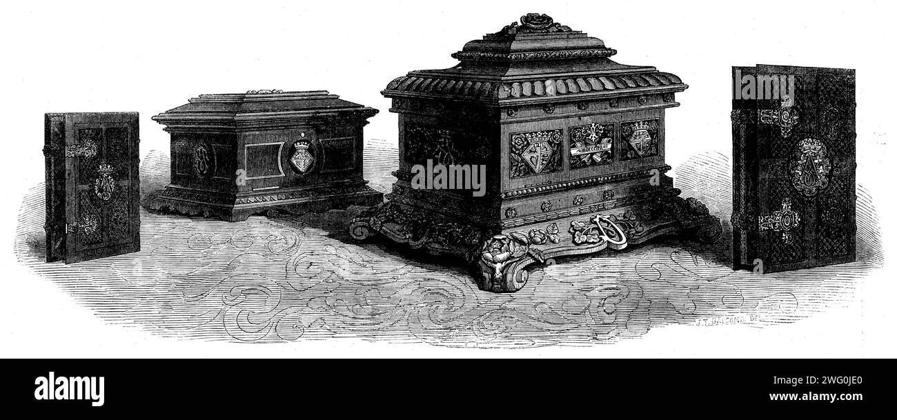 Wedding präsentiert an Ihre Königliche Hoheit Prinzessin Alice: Gebetsbuch und Schatulle aus den Matrons of England, Bibel und Schatulle aus den Maidens of England, 1862. "Das Angebot der Jungfrauen von England ist eine große Kopie von Bagsters Faksimile Octavo Polyglot Bibel, gebunden in das reichste lila marokko. Es ist mit wunderschön durchbohrten und gravierten Verschlüssen aus feinstem Gold montiert, trägt Geräte der Nationalrose und enthält in der Mitte Monogramme, Krone und Initial Eine mit Rosenknospen verschlungene... die Kanten der Blätter sind am brillantesten beleuchtet (von James West)... Die Kaskade Stockfoto