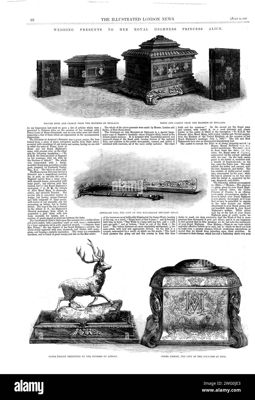 Hochzeitsgeschenke an Ihre Königliche Hoheit Prinzessin Alice, 1862. Gebetsbuch und Schatulle von den Matrons of England, Bibel und Schatulle von den Mädchen von England, Juwelenfan, das Geschenk des Maharajah Dhuleep Singh, Papiergewicht von der Herzogin von Athole, Juwelenschatulle, das Geschenk der Gräfin von Fife. Aus Illustrated London News, 1862. Stockfoto
