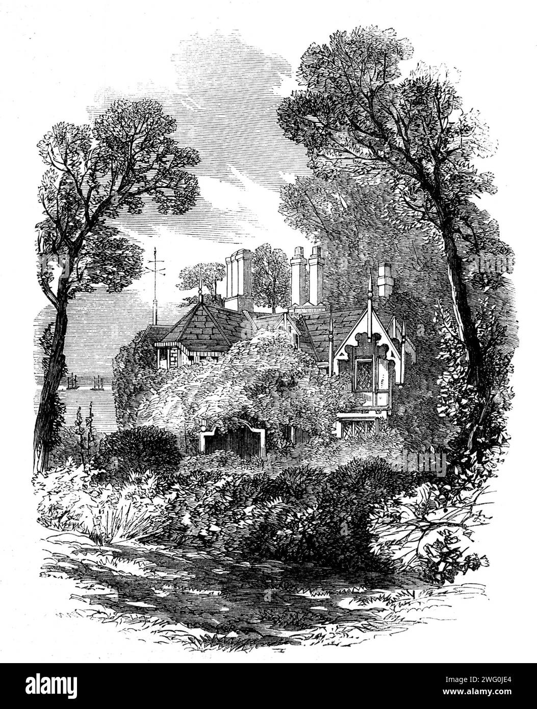 Die Hochzeit von Prinzessin Alice mit Prinz Ludwig von Hessen: St. Clare, Isle of Wight, die vorübergehende Residenz ihrer Königlichen Hoheiten: Die Lodge am Meer, 1862. "...die königliche Braut und der Bräutigam zogen sich nach St. zurück Clare, in Spring Vale, der Residenz von Colonel und Lady Katherine Vernon Harcourt... wurde von der Königin für die Flitterwochen des Prinzen und der Prinzessin ausgewählt... wegen seiner schönen Lage. Aus Illustrated London News, 1862. Stockfoto