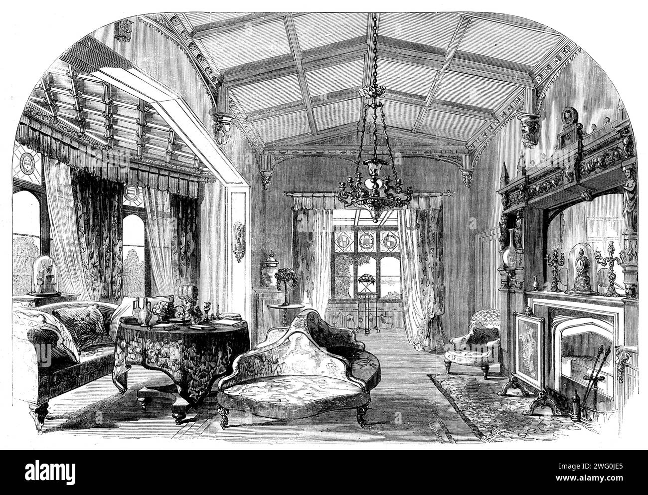 Die Hochzeit von Prinzessin Alice mit Prinz Ludwig von Hessen: St. Clare, Isle of Wight, die vorübergehende Residenz ihrer Königlichen Hoheiten: The Drawing-Room, 1862. "...die königliche Braut und der Bräutigam zogen sich nach St. zurück Clare, in Spring Vale, der Residenz von Colonel und Lady Katherine Vernon Harcourt... wurde von der Königin für die Flitterwochen des Prinzen und der Prinzessin ausgewählt... wegen seiner schönen Lage. Aus Illustrated London News, 1862. Stockfoto