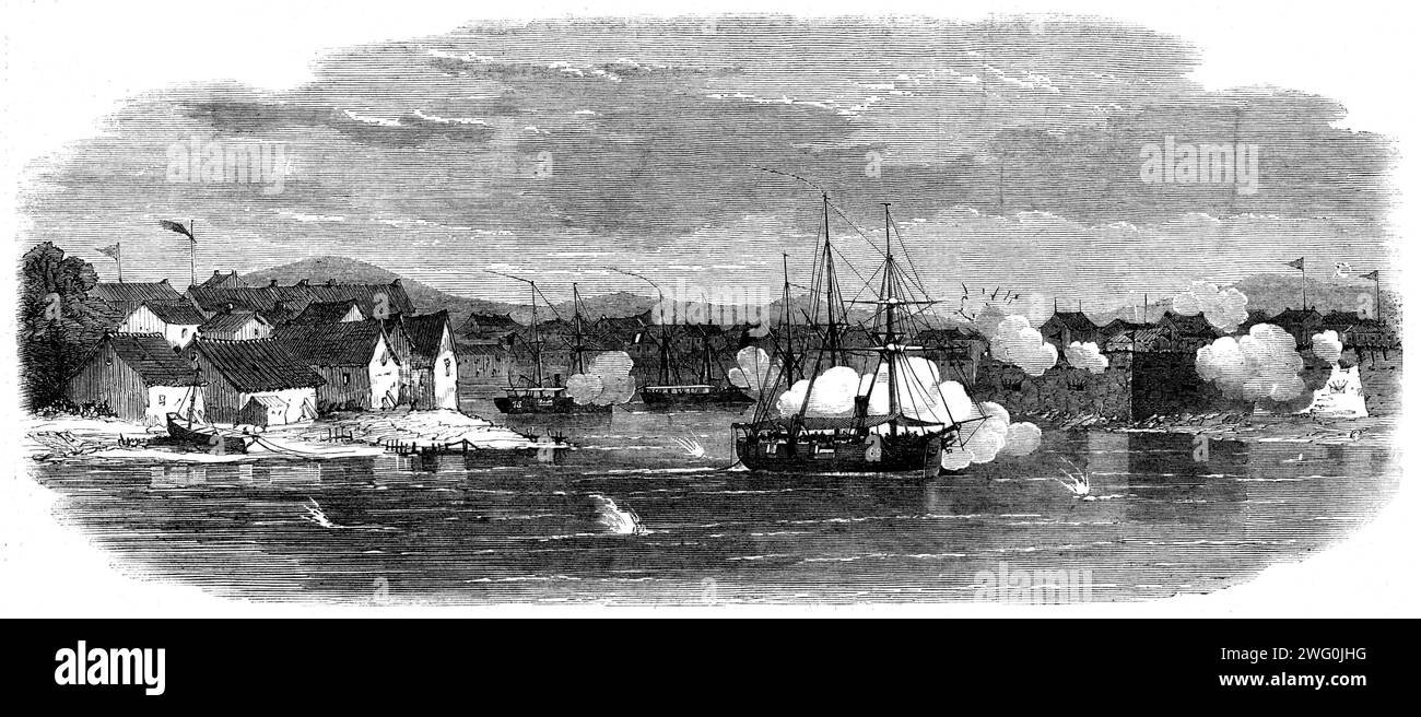 The Capture of Ningpo: Bombardement of Point Battery and East Gate, 1862. Kestrel, Etoile, Hardy, Point Battery, östlich Gate...capture von Ningpo, im Mai letzten Jahres eröffnete die Point Battery das Feuer auf das Kestrel und das französische Geschützboot Etoile, und fast unmittelbar darauf wurde eine Volley Muskete von den Brüstungen des Salztors bei der Begegnung abgefeuert. Sofort wurde eine breite Seite des Granulats hineingegossen, die die Attika vollständig zerstörte und die dort befindlichen Waffen mit Ruinen erstickte...der Kestrel litt während des Bombardements schwer, mehrere Kugelschüsse hul Stockfoto