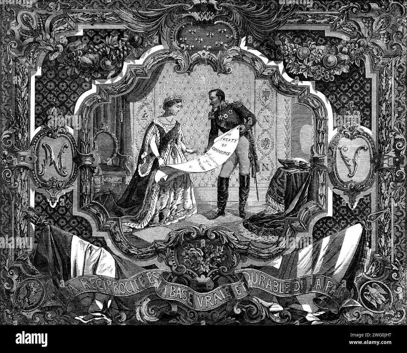 The International Exhibition: The Treaty of Commerce Screen Carpet, von Thomas Tapling, Gresham-Street, 1862. "Es ist von Anfang an zu verstehen, dass [dieses maschinell gefertigte Objekt], obwohl es in Axminster-Teppich hergestellt wurde, nicht als Bodenbelag, sondern als Wanddekoration oder zumindest als vertikale Position bestimmt ist..." sagt seine Hersteller, "als Bildschirm oder Platte... nach der Art der Gobelin-Wandteppiche, und wurde speziell entworfen... von Mr. WM. Parris für die Ausstellung. Das Design soll an den jüngsten handelsvertrag zwischen Frankreich und England erinnern Stockfoto