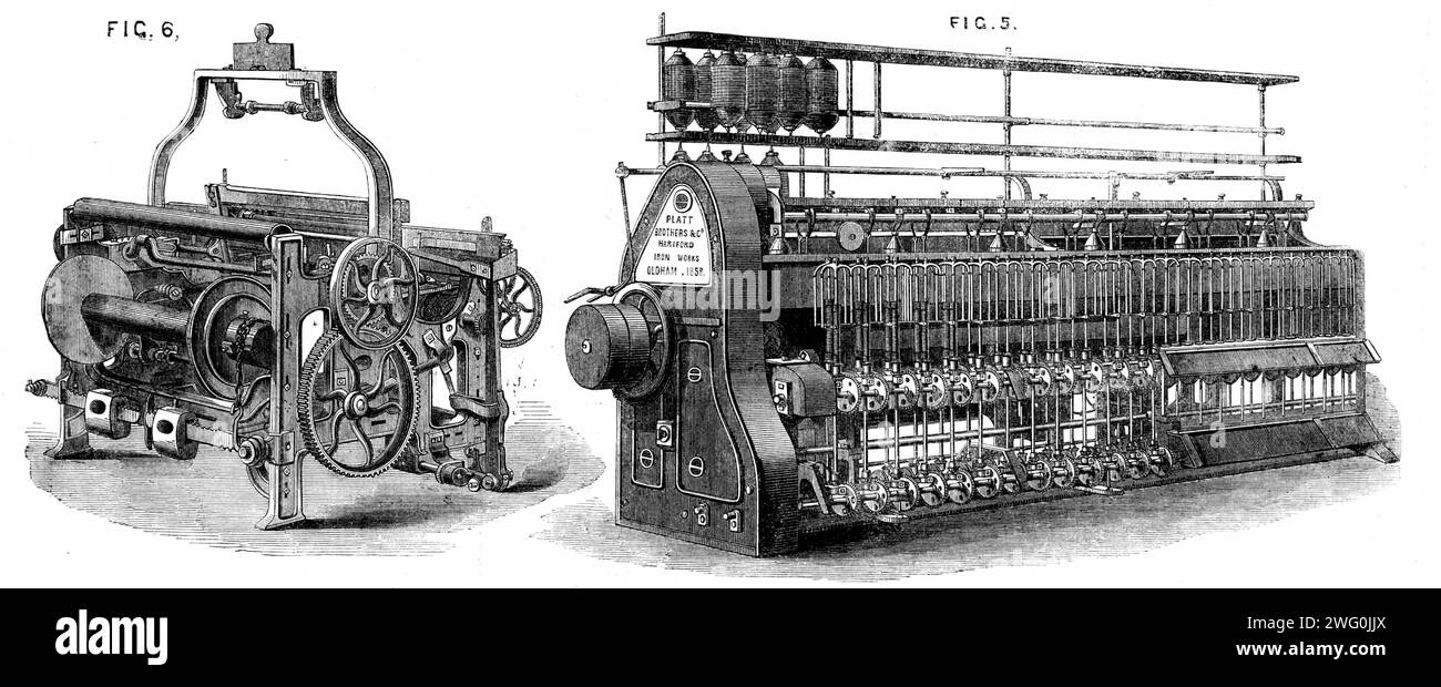 The International Exhibition - Cotton Manufacture: Machine of Platt Brothers, Oldham, 1862. Abb. 6 der elektrische Webstuhl; Abb. 5. Die Roving-Maschine. Aus Illustrated London News, 1862. Stockfoto