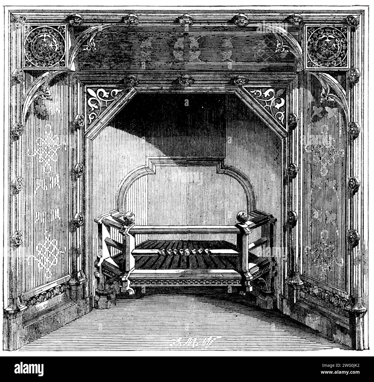 The International Exhibition - Stove von Stuart and Smith, aus Sheffield, 1862. "Der von uns gravierte Ofen ist von beträchtlicher Schönheit; denn er ist zwar in seiner Gestaltung sehr verdienstvoll, hat aber, in der Form, eine Menge Farbe, die wir in Werken dieses Charakters selten sehen. Sie besteht aus Eisen-, Bronze-, Ormolu- und Encaustic-Fliesen, die so kombiniert sind, dass sie eine sehr angenehme Wirkung erzielen, wobei die am wenigsten erfolgreichen Teile die Fliesen sind, die einzeln betrachtet werden, die dadurch leiden, dass das Ornament weder weiß noch schwarz umrissen ist. Die strukturellen Teile sind Stockfoto