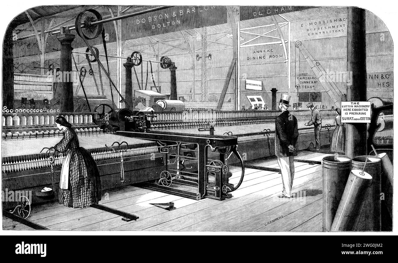 Baumwollherstellung: Platts selbsttätige Maultiere, oder Baumwollspinnmaschine, 1862. Verarbeitung von in Indien angebauter Baumwolle. „Diese Maschinen werden verwendet, um das so genannte Baumwollgarn von rovings...into zu verarbeiten und es automatisch in Form von Cops auf Spindeln zu wickeln... Eine Vielzahl von Verbesserungen wurden von Messrs. Platt in den von ihnen ausgestellten Spinnmaschinen vorgenommen. Sie bestehen aus einem verbesserten Rahmen für die gesamte Maschine - eine bessere Methode als die allgemein verwendete zum Antrieb der Spindeln; und einer besseren Form des Schlittens und der Anordnung, um mit größeren arbeiten zu können Stockfoto