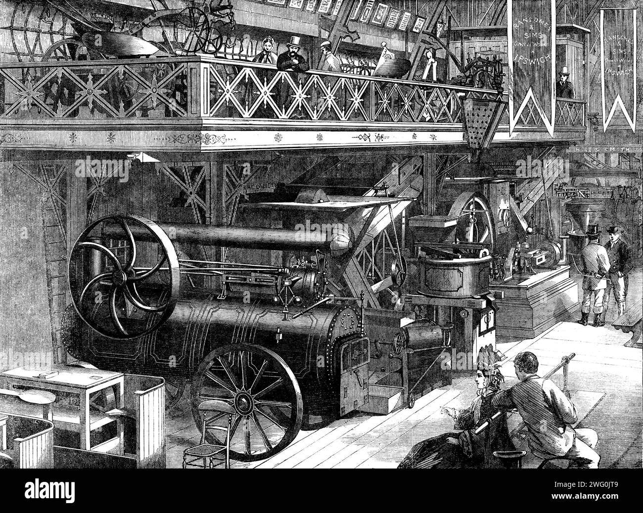 The International Exhibition: Ransome and Sims' Agricultural Machinery - von einer Fotografie der London Stereoscopic Company, 1862. "Zu den großen Veränderungen, die den Fortschritt der britischen Landwirtschaft in den letzten zwanzig Jahren kennzeichneten, kaum einer ist bemerkenswerter als die Bereitschaft, mit der die Landwirtschaftsbetriebe die Verwendung von Maschinen übernommen haben... in diesem Gewerbe ist der Name, der am deutlichsten hervorhebt... der von Ransome... der die größte...[und] die umfassendste Ausstellung von Landmaschinen in der Sektion hat... Ein Kasten mit Gold, Silber, und Bronzemedaillen Stockfoto
