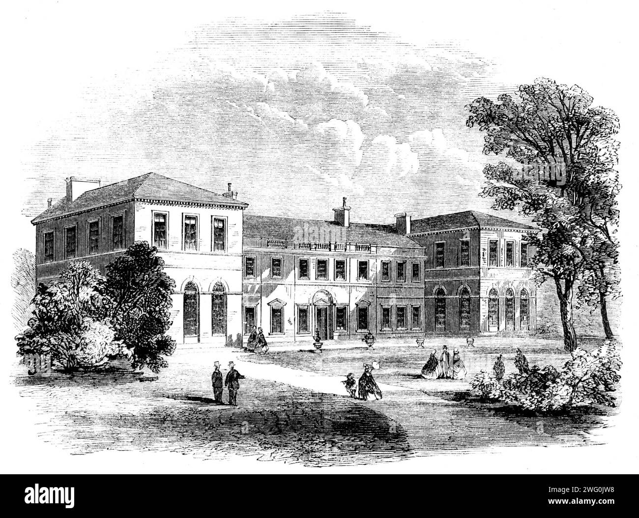 Woodhouse-Grove School, in der Nähe von Leeds, für die Erziehung der Söhne methodistischer Minister, 1862. "Die neue Institution wurde 1812 eröffnet. Seitdem wurde sie um 6000 € erweitert und ist heute eines der am besten arrangierten und gesündesten Einrichtungen des Landes... während der fünfzig Jahre ihres Bestehens hat sich die Grove School als ein großer Erfolg erwiesen. Es hat eine Reihe von herausragenden Männern für jeden Beruf und fast jede Abteilung des Handels... bei der letzten Mittelklasseprüfung bestanden sechs Kandidaten der Grove School in der ersten Klasse und acht in der zweiten, al Stockfoto