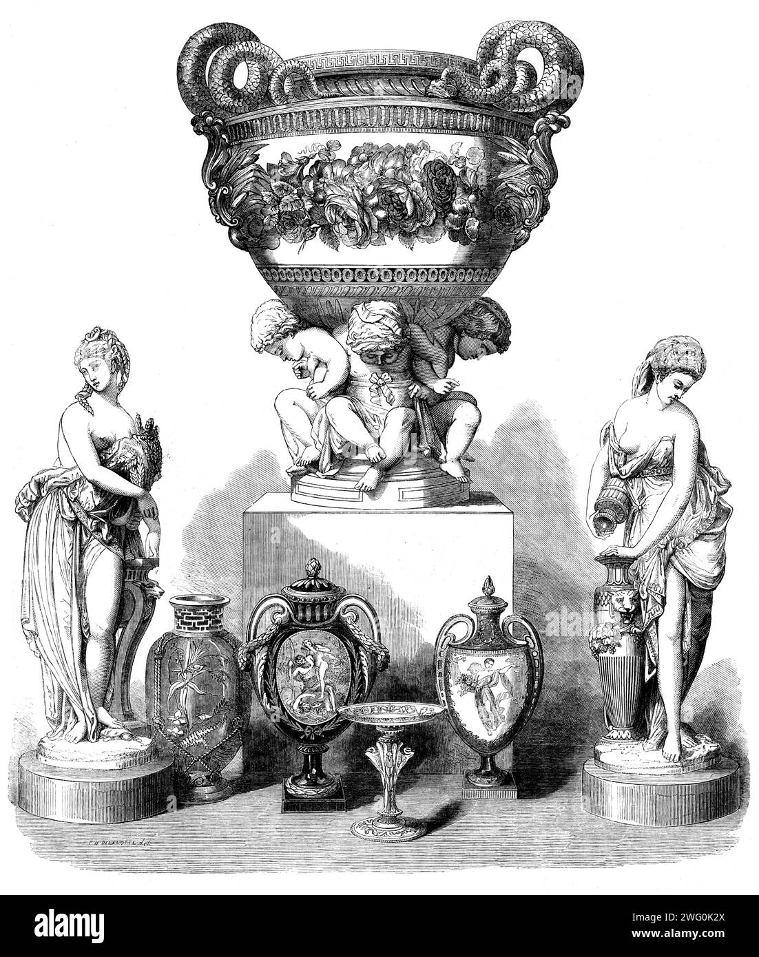 The International Exhibition: Gruppe von Artikeln von Messrs. Minton and Co., 1862. Das zentrale Objekt... ist eine von zwei Vasen von beträchtlicher Größe, die auf einer Gruppe von vier Pariser Cupiden getragen werden, die Bänder und die Vorhänge... sind mit mattiertem Gold umrandet. Der obere und der untere Teil der Vase sind aus tiefem Sevres-Blau, auf dem massives Goldschmuck aufgetragen ist, von dem Teile mattiert sind, während andere Teile brüniert sind. Die Griffe, die aus spiralförmig gewickelten Schlangen bestehen, sind ebenfalls aus mattem Gold...die Renaissancefiguren...sind allegorisch von Sommer und Herbst - Sommer mit einem Bündel Gr Stockfoto