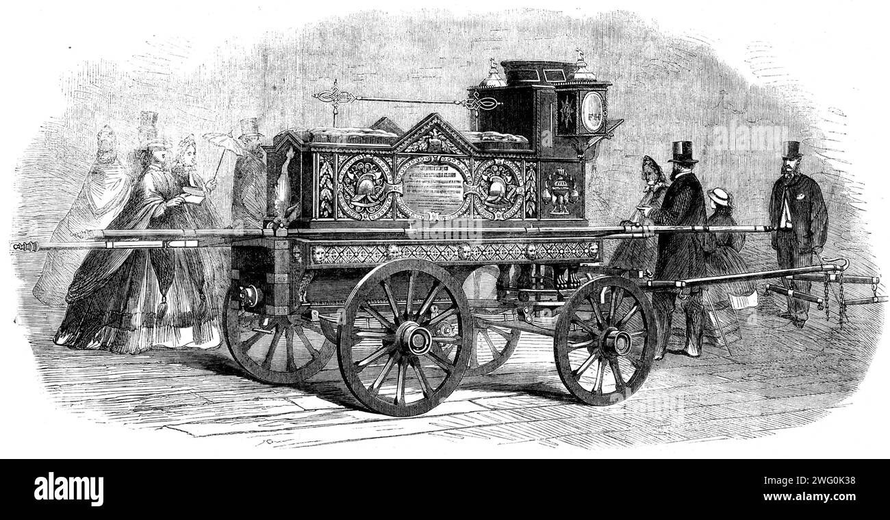 Die internationale Ausstellung: Feuerwehrauto, präsentiert Mr. Hodges von den Bewohnern von Lambeth, 1862. Mr. Hodges ist der Leiter einer großen und alteingesessenen Destillerie in der Pratt-Straße, Lambeth, der er seine ganze Energie widmet... Ein Feuerwehrauto, was ein notwendiger Teil des Werks einer solchen Einrichtung ist, wurde von Mr. Hodges wahrscheinlich nicht erlaubt, still in seinem Schuppen zu bleiben, als das Haus seines Nachbarn in Brand stand. Er zeichnete sich daher sehr bald durch überlegenen Mut und Geschick in seiner Führung aus, und mit seiner Feuerwehr, die er selbst besaß Stockfoto