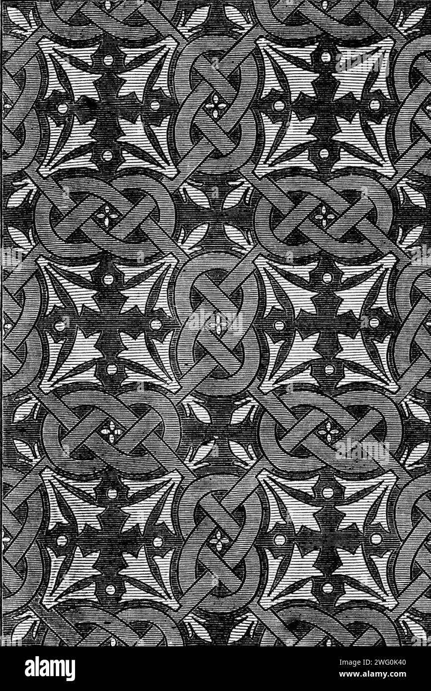 The International Exhibition: Gemalte Dekoration von T. Kershaw, aus der Baker-Street, 1862. Die Dekorationen von Mr. Kershaw... obwohl sie harmonischer sind in der Färbung, haben doch einen sehr zufriedenstellenden Charakter. Das größtenteils aus Strapwork gebildete Muster ist in zwei blauen Grautönen und Gold, das andere Muster in rot-kastanienbraun, grün und niedrig-gelb. Aus Illustrated London News, 1862. Stockfoto