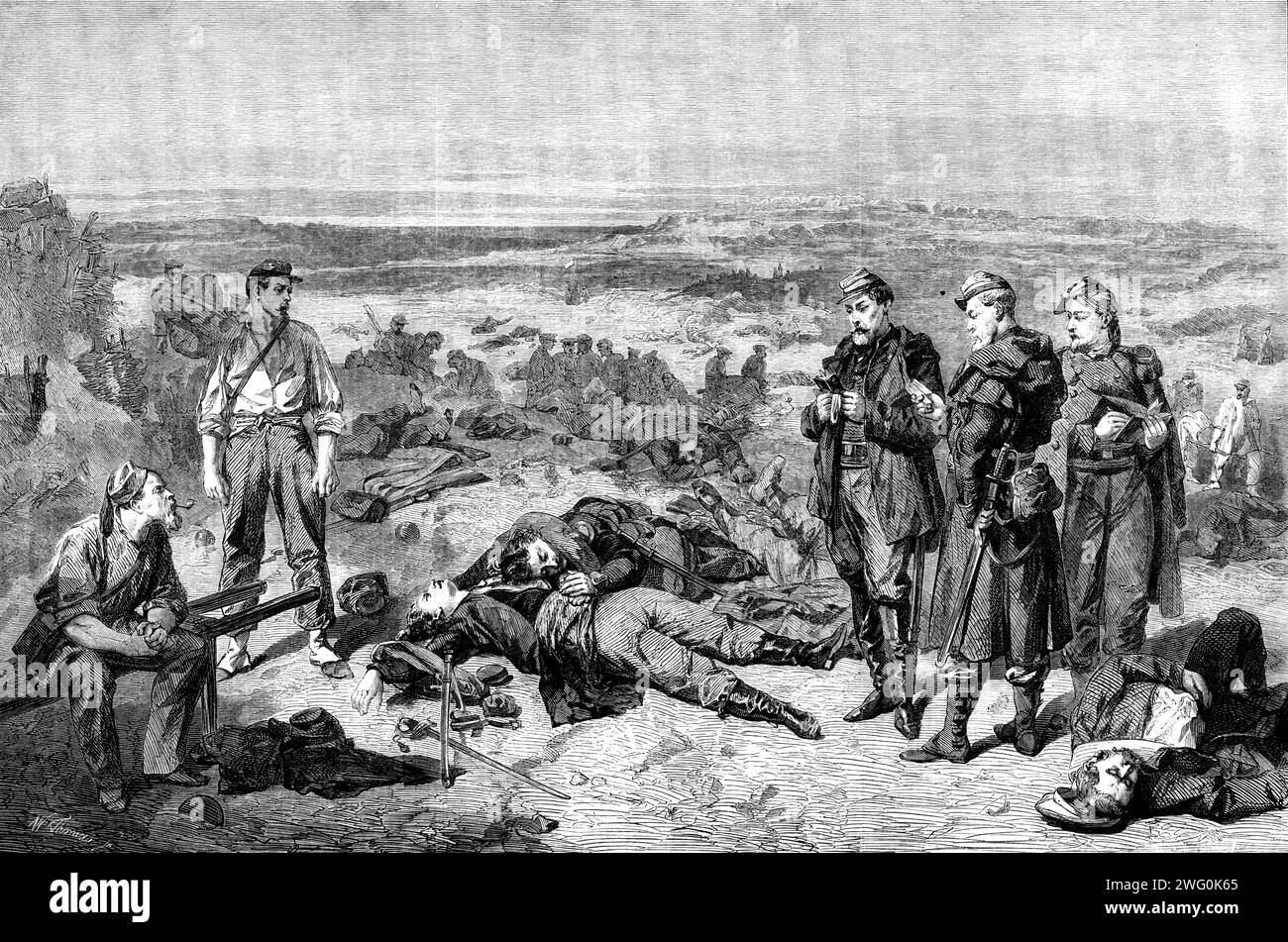 The International Exhibition: The Two Friends - Sebastopol, 1855, von J. L. H. Bellange, in der französischen Galerie, 1862. Nur wenige Episoden treten in dem blutigen Kriegsdrama auf, das mehr beeinflußt als die hier dargestellten zwei jungen Offiziere, die... zusammen gekämpft haben, und sie starben zusammen, der eine wahrscheinlich für den anderen... Sie waren im dicken Kampf, nach dem Pflugplatz zu urteilen, den vielen Kanonenkugeln und Granatstücken, und der Anzahl der Toten und Verletzten, die herumlügen... einer der Freunde wurde zuerst geschlagen, und der andere... flog zu seiner Hilfe. Er... hat den blutenden br Stockfoto