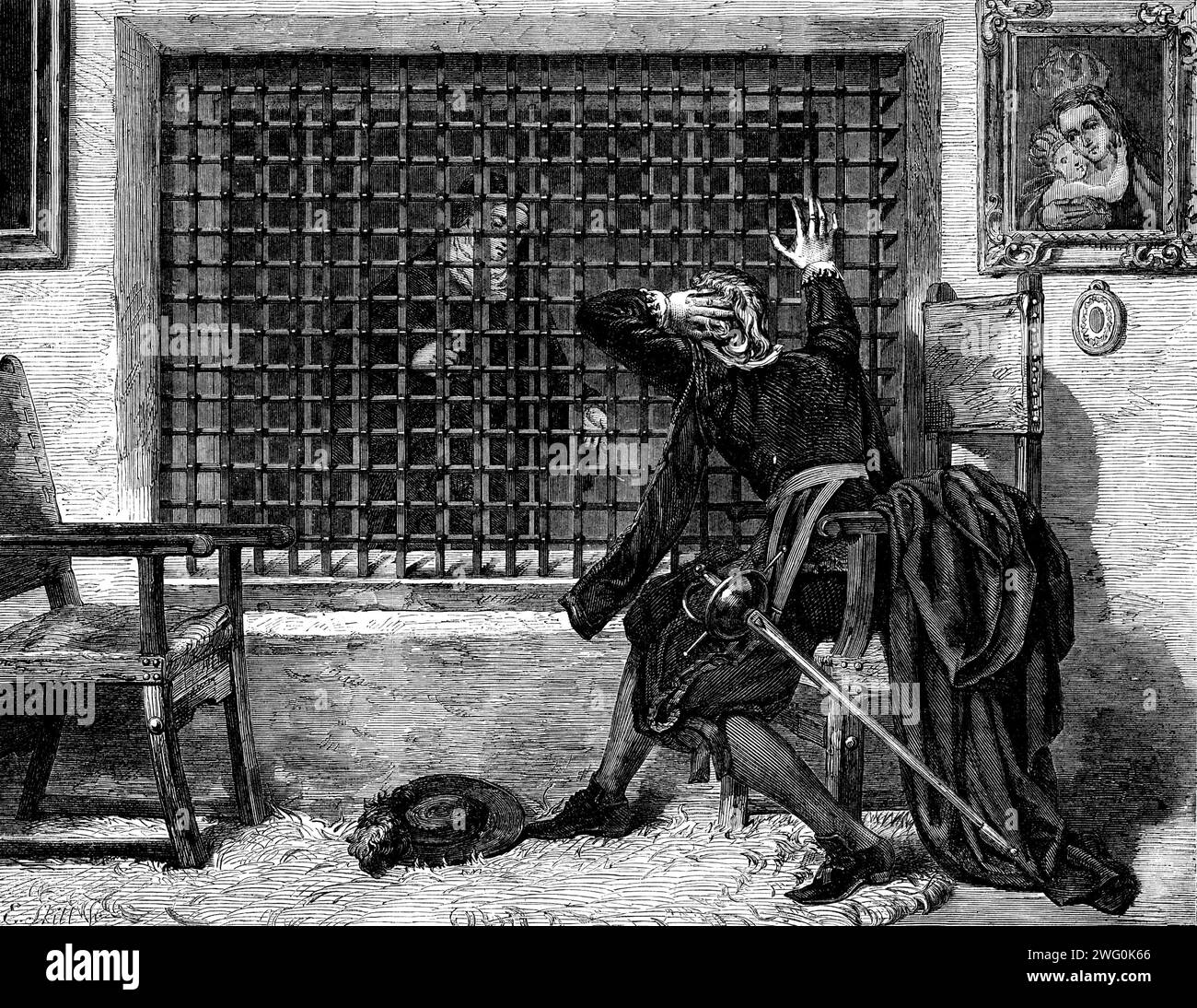Die Internationale Ausstellung: "Abschied - für immer", von V. Manzano, 1862. Gravur eines Gemäldes. Ein junger Kavalierliebhaber wurde her...being von seiner Liebesdame abgetrennt, gezwungen, den Schleier zu nehmen und ein Kloster zu betreten. Elend und untröstlich, zieht er sich in tiefste Trauer und geht zum Kloster, um einen Blick auf den geliebten Menschen zu erhaschen... Er sits...before das doppelte Eisengitter des Käfigs, das ewige Gefängnis seiner verlorenen Liebe... hier kommt sie lange... aber ohne Worte der Hoffnung oder des Trostes, nur die gefürchteten "Adios per siempre". Der arme abgelenkte Kerl in va Stockfoto
