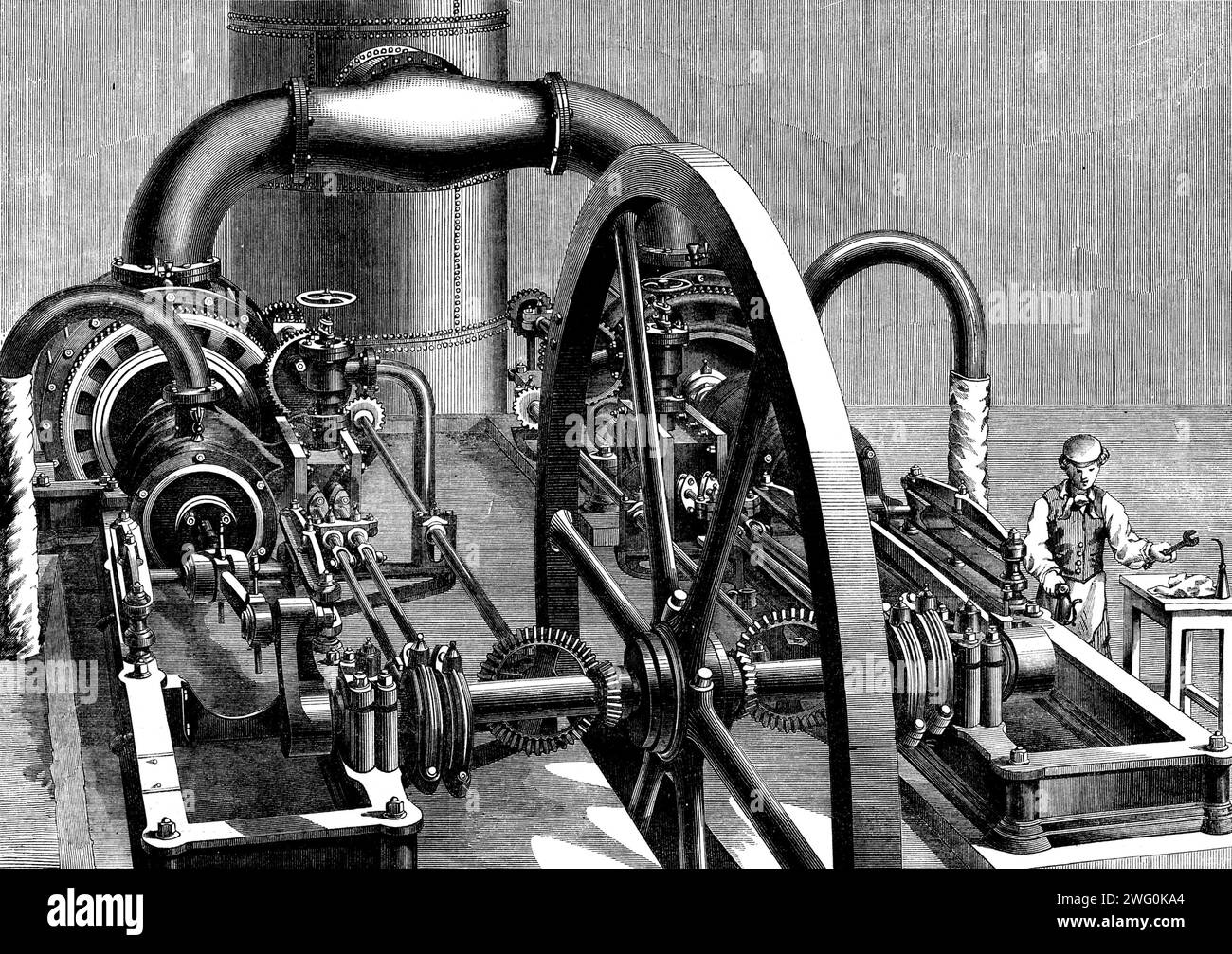 Die Internationale Ausstellung: Blasmaschine in der belgischen Abteilung der westlichen Annexe, 1862. Maschine zur Reduzierung von Eisenerz auf Rohmetall... da die Größe und Anzahl der Eisenöfen zunimmt, haben sich auch der Widerstand und der Schock der Hochpumpen bei jeder Hubeinstellung erhöht. Es wurde viel getan, um die Gehirnerschütterungen zu verringern, die sich so oft jede Minute wiederholen. [Dieser] schöne Hochleistungsmotor mit horizontalem Dampfzylinder und Luftpumpen... erklärt die angeführten Verbesserungen. Es wird sich zeigen, dass anstelle von Ventilen, wie sie bisher verwendet wurden, Metallscheiben, revol, eingesetzt werden Stockfoto