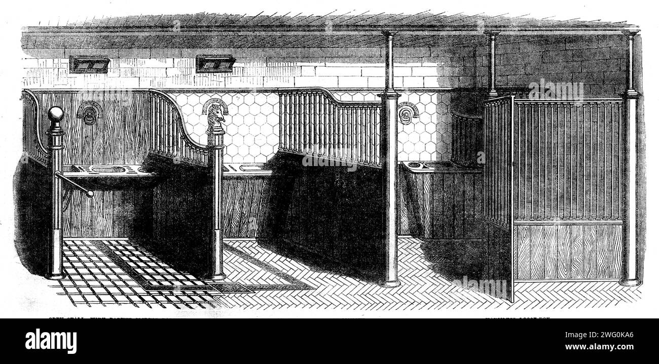 The International Exhibition: Stable Fittings von Musgrave Brothers, of Belfast, 1862. 'Offener Stall, mit patentierter Schiebebarriere; offener Stall, mit Fallkrippe; harmloser Loskiste...die neu eingeführten Funktionen [sind] nicht nur genial, sondern auch äußerst nützlich..."Eine offene Loskiste, die so angeordnet ist, dass ein offenes Eisengitter nach vorne kommt und senkrecht mit der Vorderkante verschraubt ist. In diesem Zustand kann ein gewalttätiges Pferd nicht zurückschlagen oder in es treten... die Vorkehrungen für die Reparatur der gewöhnlichen Eisenkranke sind hervorragend, es wird durch einen Eisenkugel bewirkt, W Stockfoto