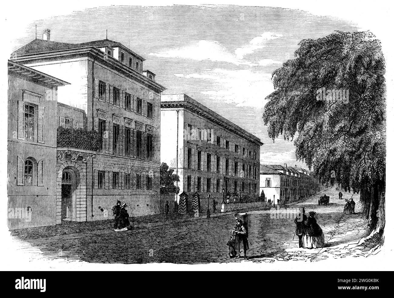 Blick in Darmstadt [in Deutschland] - nach einer Skizze unseres besonderen Künstlers, 1862. "Palast des Prinzen und Prinzessin Louis von Hessen; Palast des Prinzen Charles (Vater des Prinzen Louis). Infolge der Heirat von Prinzessin Alice mit Prinz Ludwig von Hessen und der Tatsache, dass das illustre Ehepaar Darmstadt gelegentlich zu einem Wohnort machte, wurde dieses ruhige Städtchen mit neuem Interesse für die Engländer belebt. Sie ist die Hauptstadt des Großherzogtums Hessen-Darmstadt und besteht aus einer alten und einer neuen Stadt, die beide durch Mauern umgeben sind. Der Palast von Prinz Louis und der seines Vaters, Prinz Charles, Stockfoto