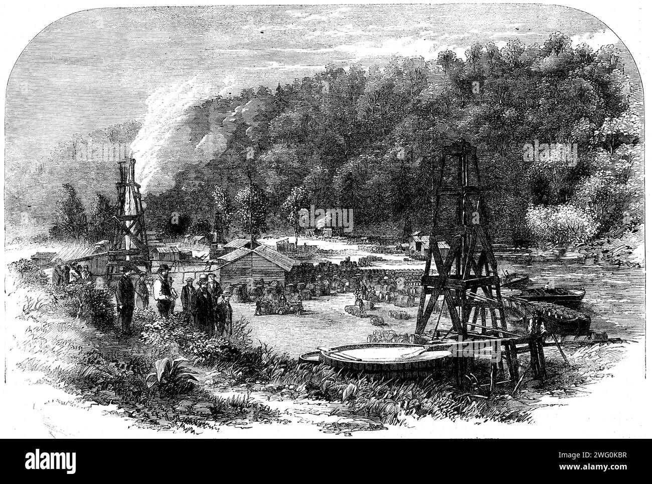 Ölquellen in Tarr Farm, Oil Creek, Venango County, Pennsylvania, 1862. Gravur von Spouting Wells aus Woodford und Phillips nach einer Fotografie von Alexander S. Macrae, Erdöl-Broker. "Im Vordergrund ist ein großer behälter, oder Zisterne, zu sehen, in dem ein ausströmender Brunnen das Öl fließt. Aufgrund der besonderen Leichtigkeit des Erdöls schwimmt es auf der Wasseroberfläche, und alle schädlichen Stoffe, die mit ihm vermischt werden können, werden sofort bis zum Boden ausgefallen, von dem aus es leicht entfernt wird. Das Öl wird in gute, kräftige Fässer mit 40 Gallonen gefüllt und zu den Raffinerien zu Hause oder exportiert Stockfoto