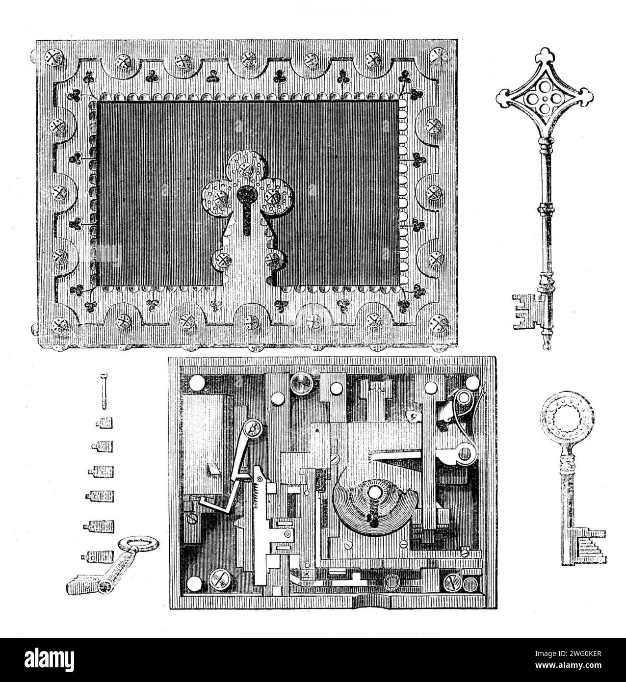 Die Internationale Ausstellung: Hobbs's Bankschloss und -Schlüssel, 1862. "Die Bankschleuse... ist von bemerkenswerter Konstruktion und wird als unzugänglich angesehen; in der Tat sind die Aussteller von ihrer Uneinnehmbarkeit so zuversichtlich, dass jedem, der sie aussuchen kann, eine sehr große Summe angeboten wird, eine Frist von dreißig Tagen für seine Prüfung... diese Schlösser bieten also Bankern und anderen, die Vermögen und wichtige Papiere in ihrer Verantwortung haben, perfekte Sicherheit. Die Herren Hobbs und Co. Haben einen weiteren Anspruch auf öffentliche Bekanntmachung wegen des Wertes ihrer Arbeit in maschinell hergestellten Schlössern. Ihre Manufaktur ist am umfangreichsten, s Stockfoto