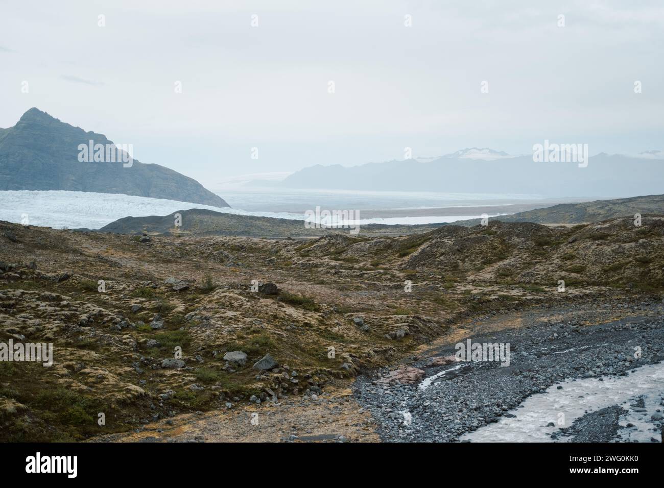 Island Landstraße mit Bergen und moosigem Eis Stockfoto