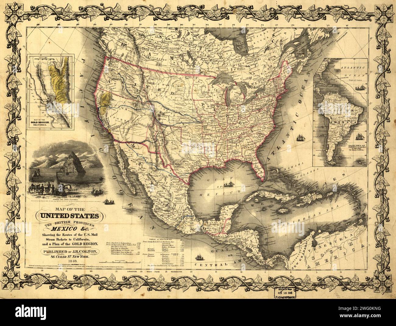 Karte der Vereinigten Staaten, der britischen Provinzen, Mexiko &amp;c., 1849. Zeigt Kaliforniens Goldregion und westliche Wanderwege. Enthält eine Abbildung von „Pyramid Lake, Upper California“ und eine Entfernungstabelle. Stockfoto