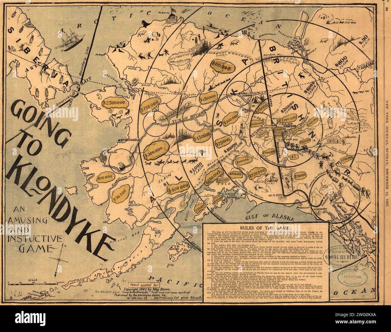Ich fahre nach Klondyke, 1897. Der Klondike Gold Rush von 1898 war eine der größten Goldfrenzies der Geschichte. Zehntausende von Goldsucher aus der ganzen Welt strömten nach Norden nach Alaska und den Yukon, auf einer fiebrigen Suche nach Vermögen. Dieses Spiel, Going to Klondyke, wurde 1897 auf der Grundlage von Nachrichten über die großen ersten Goldschläge im Yukon und in Erwartung des bevorstehenden Ansturms erstellt. Das Spiel wurde am 12. Dezember 1897 im New York Journal veröffentlicht. Es wurde von der Klondyke Game Company in San Francisco produziert, möglicherweise zum Verkauf an die vielen Goldsucher, die es weitergeben würden Stockfoto