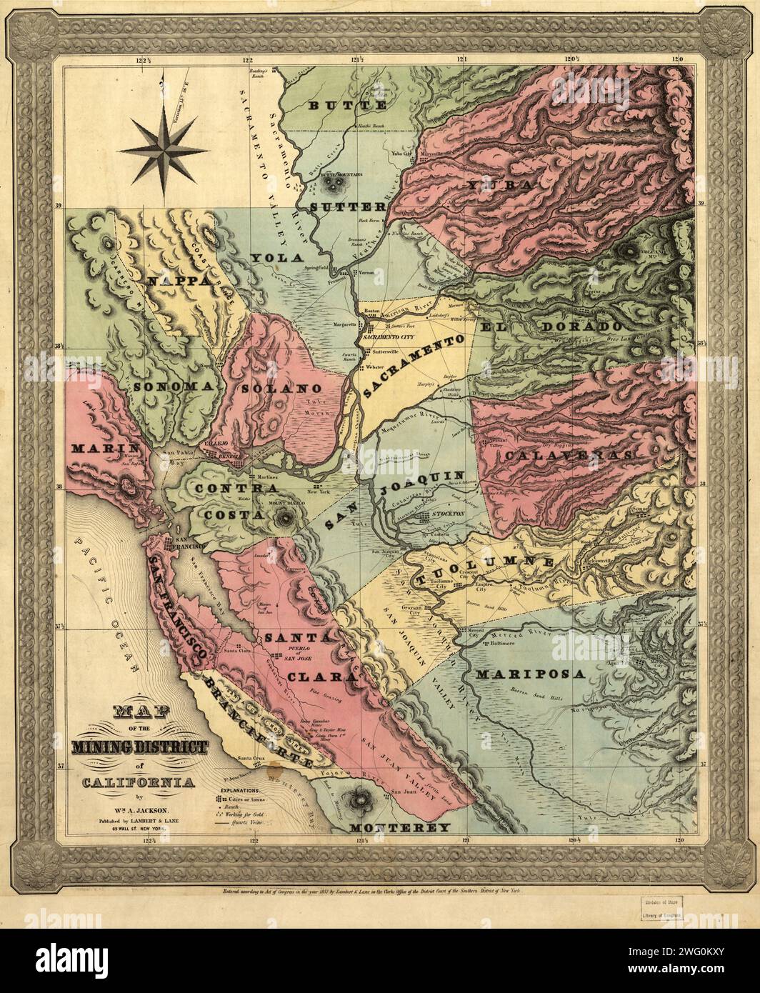 Karte des Bergbaubezirks von Kalifornien, 1851. Diese Karte, die in zwei Teilen in den ersten Jahren nach dem kalifornischen Goldrausch von 1849 erstellt wurde, zeigt die Regionen, in denen Gold im Territorium entdeckt wurde. Begleitend zur Karte war ein 16-seitiger Anhang, der weitere Informationen über die Lage und Bedeutung der Goldschläge gab. Die Entdeckung von Gold in Sutter’s Mill am American River im Januar 1848 zog Migranten aus der Ostküste der Vereinigten Staaten sowie aus Europa, Mittel- und Südamerika, Australien und Asien an. Der Vertrag von Guadalupe Hidalgo beendete das mexikanisch-amerikanische W Stockfoto