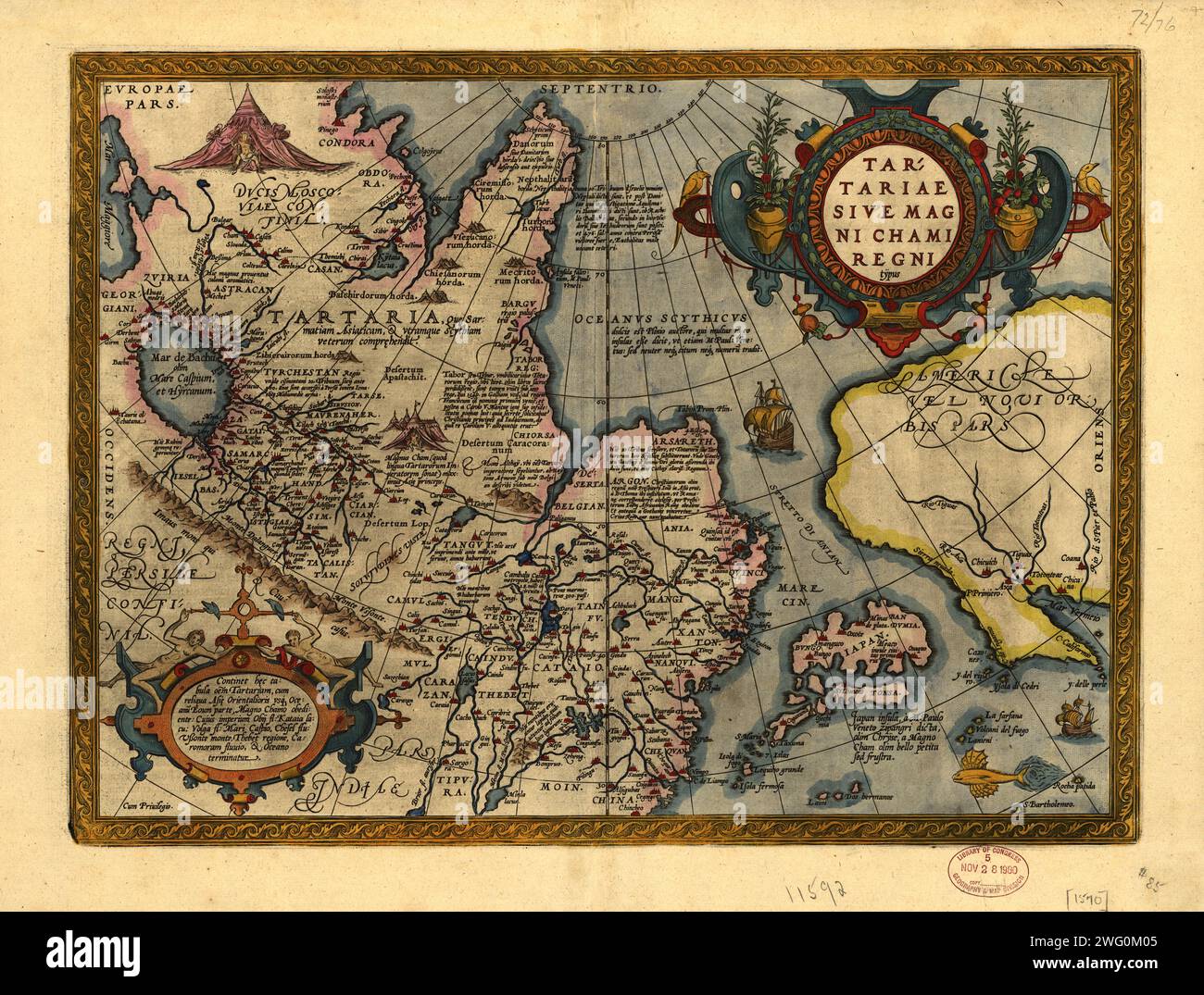 Tartariae sive Magni Chami Regni TY&#xa8;Pus, 1603. Deckt Nordasien ab. Reliefbild abgebildet. Aus Abraham Ortelius's atlas: Theatrvm Orbis Terrarvm, 1603 Hrsg. Handkolben. Enthält Text, Notizen und Col. Krank. Text auf der Rückseite. Stockfoto