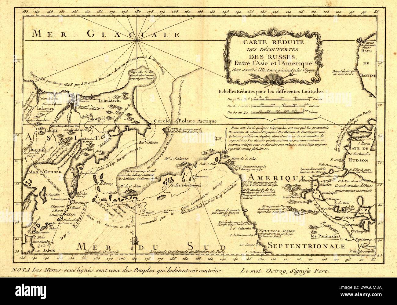 Carte re&#xb4;duite des de&#xb4;couvertes des Russes, entre l'Asie et l'Amerique, (1747?). Diese französische Karte von Alaska, Sibirien und dem Nordpazifik, die 1747 veröffentlicht wurde, basiert auf geografischen Informationen, die aus früheren russischen Reisen gewonnen wurden. Es wurde vom französischen Kartografen Jacques-Nicolas Bellin (1703–72) erstellt und vom französischen Autor Abbe&#xb4; Pre&#xb4;vost veröffentlicht. Bellin wurde zum Hydrographen ausgebildet und war dem französischen Marine Office angegliedert und spezialisierte sich auf die Erstellung von Seekarten, die Küstenlinien zeigen. 1764 veröffentlichte er Le Petit Atlas Maritime (kleiner maritimer atlas), ein Werk Stockfoto